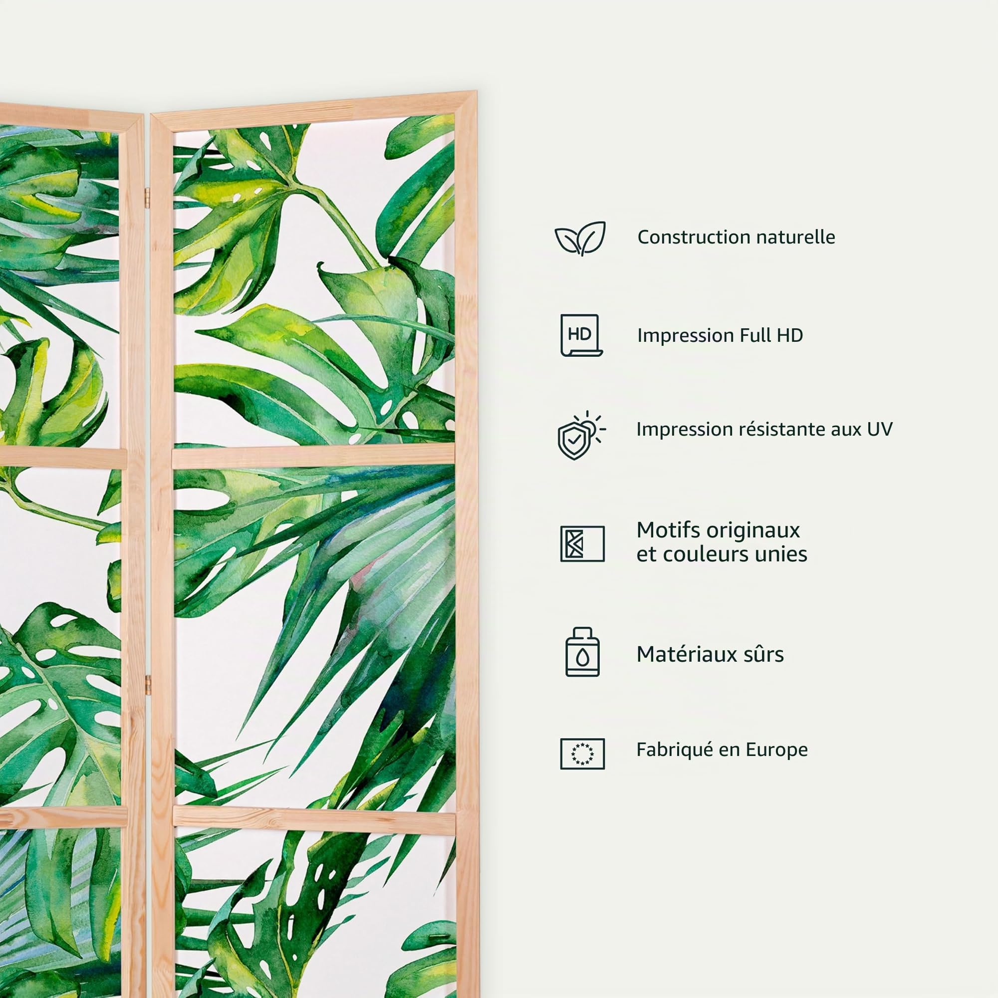 murando - Paravent Japonais Décoratif Intérieur, Feuillage, 225x172 cm | 5 Panneaux, Toile Imprimée, Séparation de Pièce, Impression sur une Seule Face, Pliable, Cadre en Bois, Moderne pour Salon