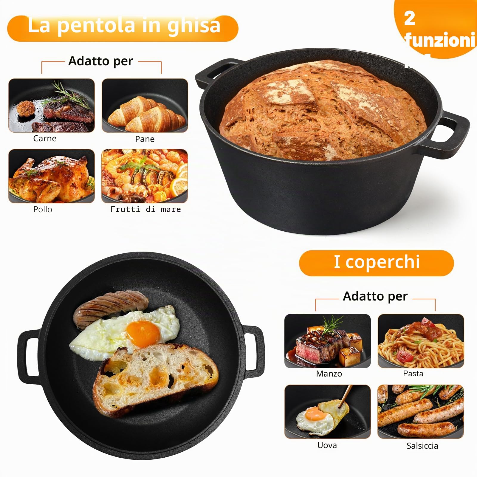 Casseruola in ghisa da 4,5 litri con coperchio tutto in uno come padella, ideale per la panificazione, stufati e casseruola - Compatibile con induzione, gas, campeggio, fuoco, BBQ e griglia