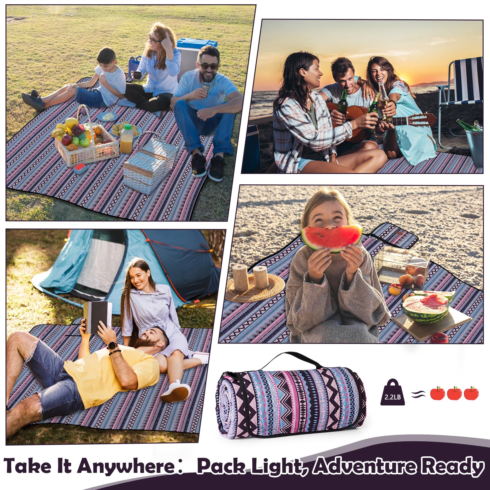Couverture de pique-nique imperméable, tapis de pique-nique extra-large 200 x 200 cm, résistant au sable, lavable, couverture de camping, accessoires pour activités en plein air, Bohème