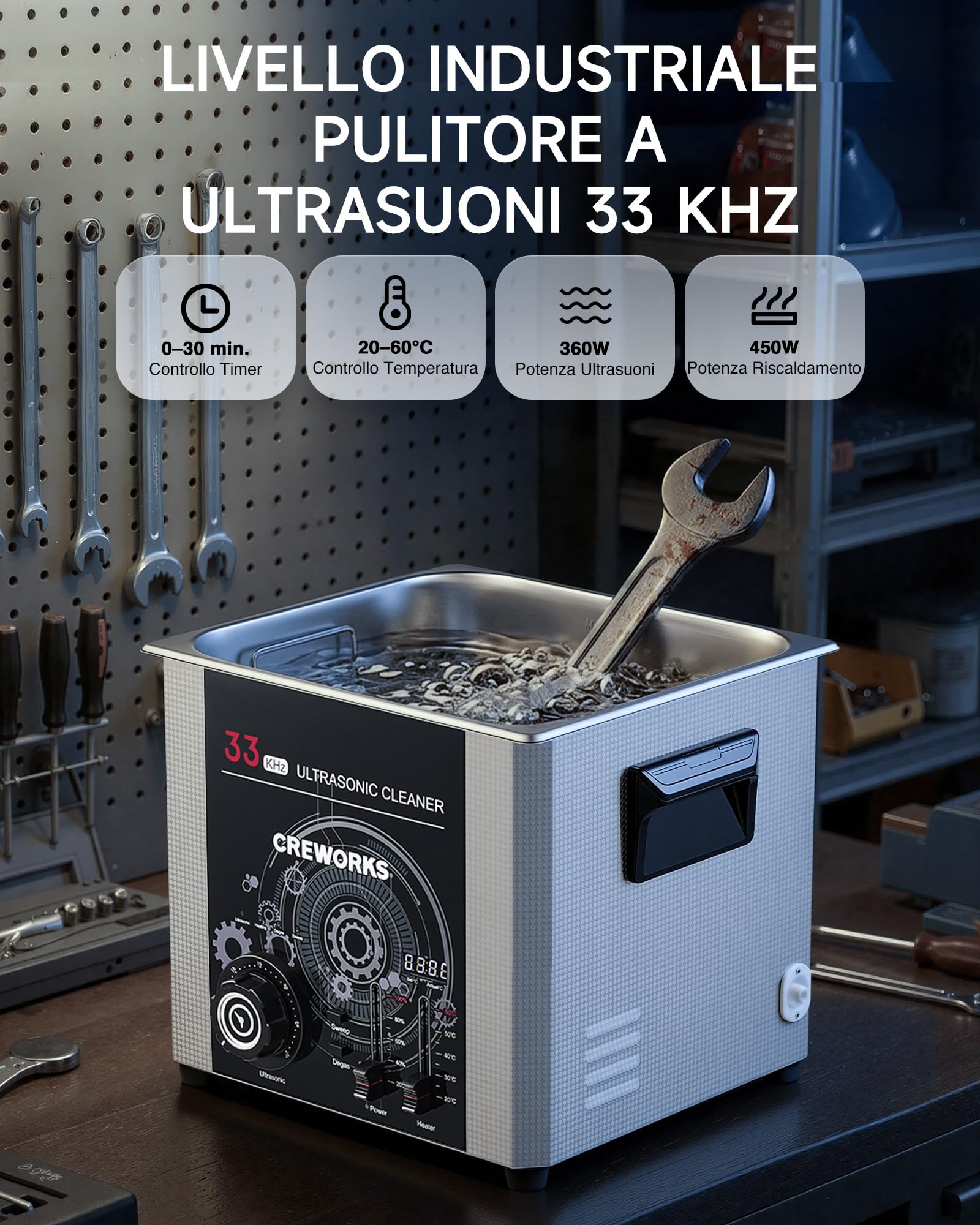 CREWORKS 15L Pulitore a Ultrasuoni Professionale 33kHz 360W Vasca Ultrasuoni Industriale con 450W Riscaldamento Tecnologia Sweep Timer e Temperatura Regolabili per Officina Laboratorio e Carburatori
