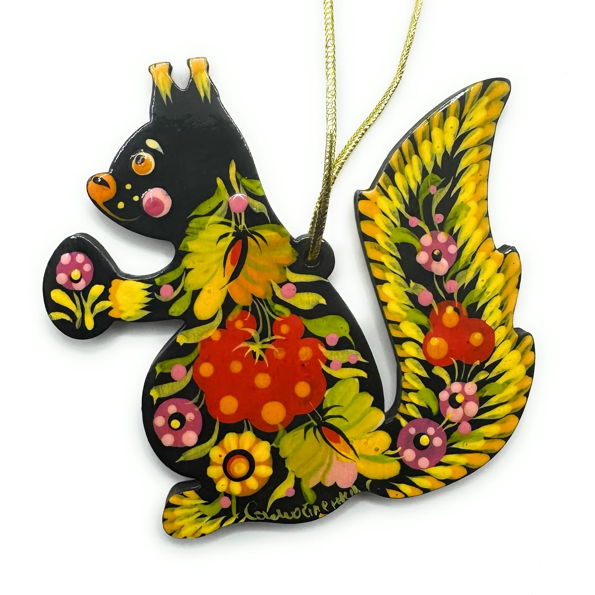 Traditional Christmas Ornament Squirrel Made of Wood 3.7 х 3.5 х 0.2 inch - Flat Ukrainian Folk Art Hand-painted Hanging Animal Christmas Decoration — image 1