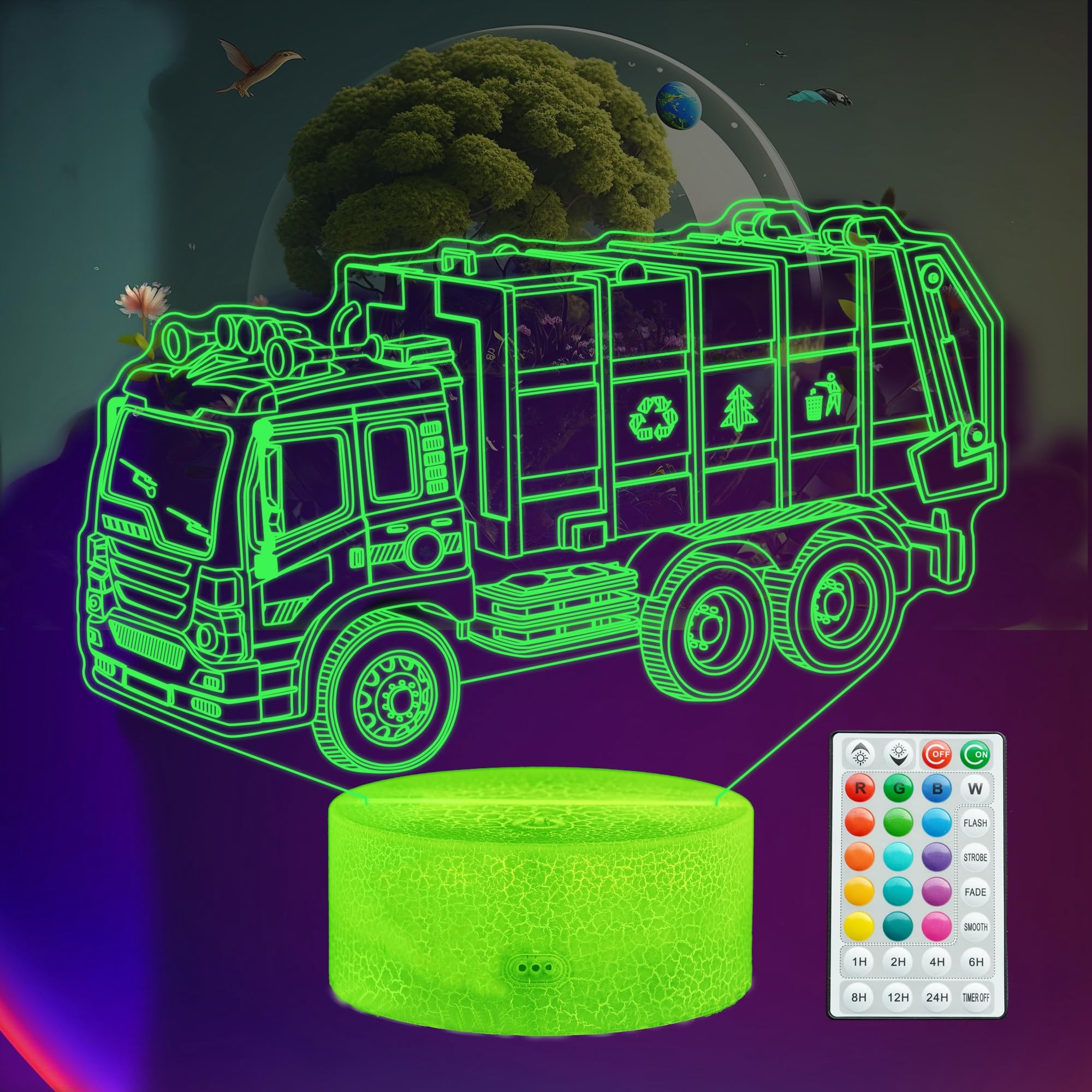 POSSHE Garbage Truck Night Light, Garbage Truck Car Gifts, Sanitation Truck 3D Illusion Lamp with 16 Colors Changing, Remote Control and Dimmable, Kids Boys Girls Room Decoration, Holiday Xmas Gifts — image 1