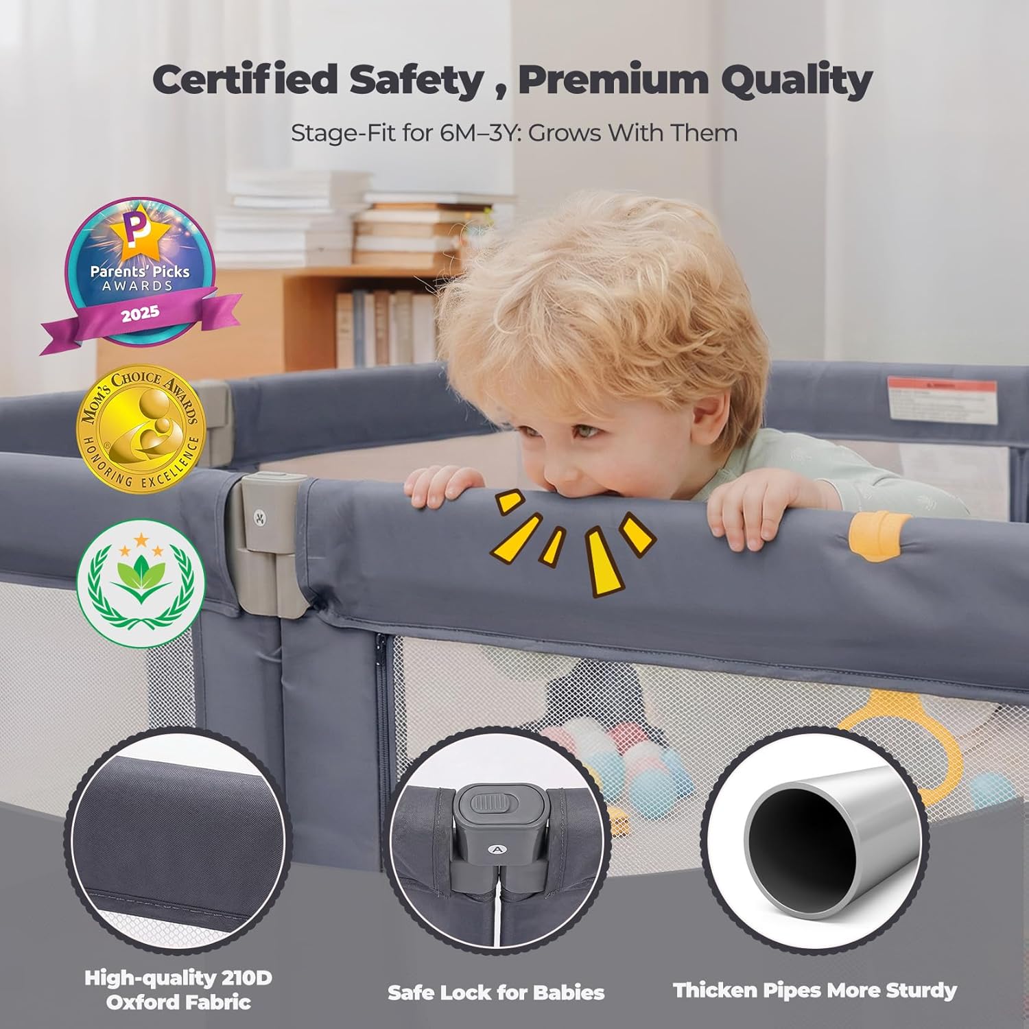 Kidirect Foldable Baby Playpen, 71"×69" Extra Large Playpen for Babies and Toddlers, Portable Play Yard with 5 Handles, Indoor Outdoor Safety Baby Fence with Visible Mesh, Grey