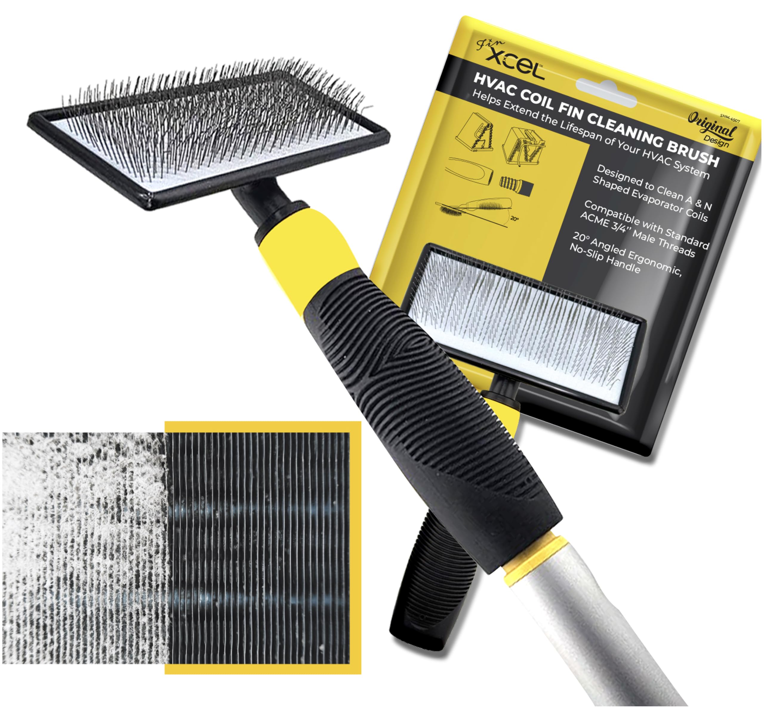 FinXCEL™ HVAC Coil Cleaning Brush | ACME Pole Compatible | 135° Angled Pins | DIY Tool for Tight A/C Coil Spaces | Chemical-Free | Pole Not Included