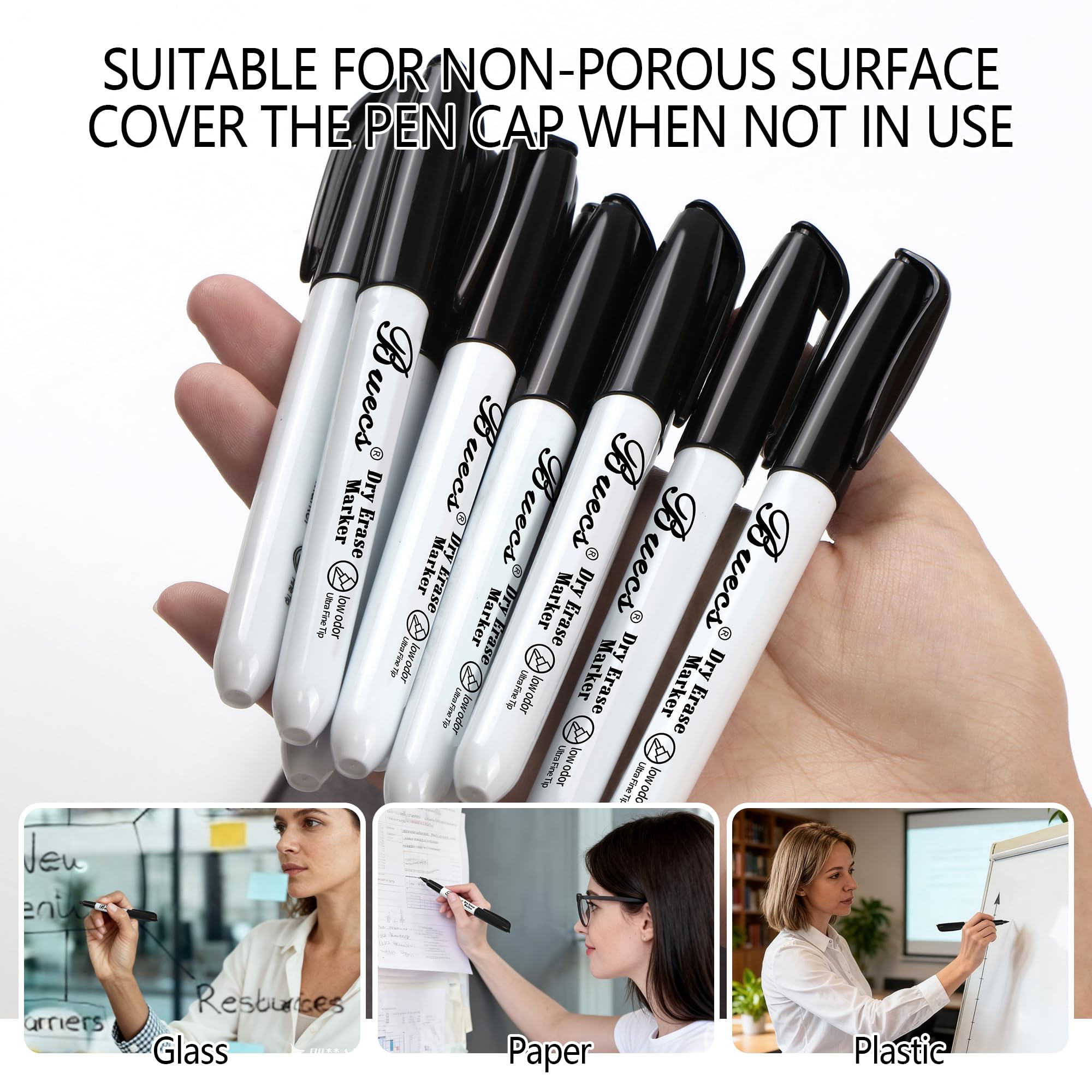 Buecs Schwarze, trocken abwischbare Marker, geruchsarm, 96 Stück, ultrafeine Spitze, perfekt zum Schreiben auf Whiteboards, trocken abwischbaren Tafeln, Glas, Schul- und Bürobedarf