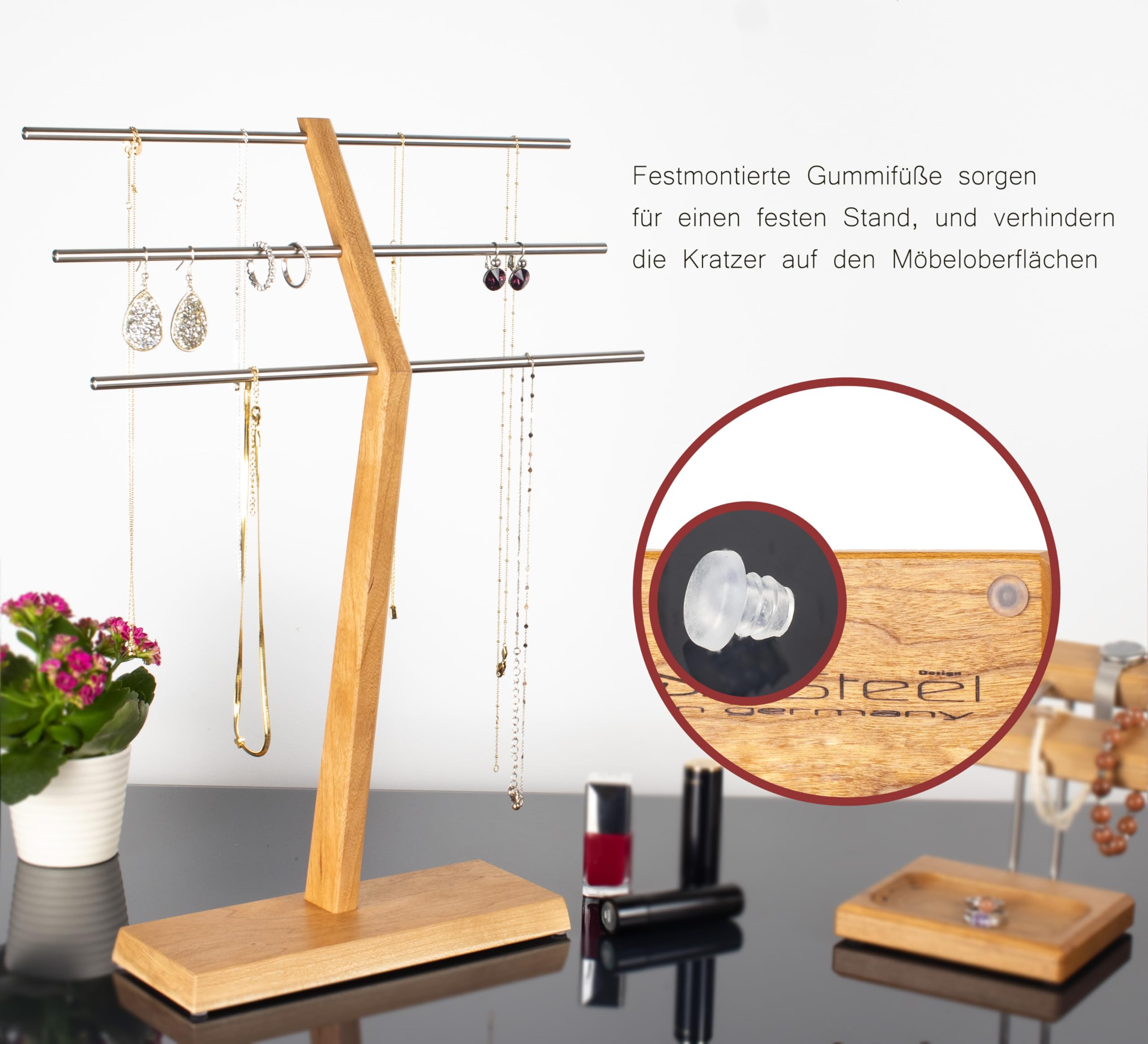 Wood and Steel Design - Schmuckhalter für Ketten, Ringe, Ohrringe, Ketten, Halsketten und Armbänder, 4 Ebenen, Kirschbaum Massivholz/Edelstahl