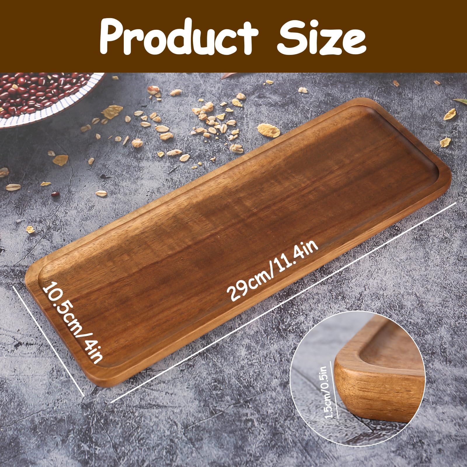ZEONHEI Decoratief dienblad, acacia, 30 x 12 x 1,1 cm, houten dienblad, rechthoekig, houten dienblad, decoratief, langwerpig, klein, decoratief dienblad, voor restaurant, bar, 2 stuks