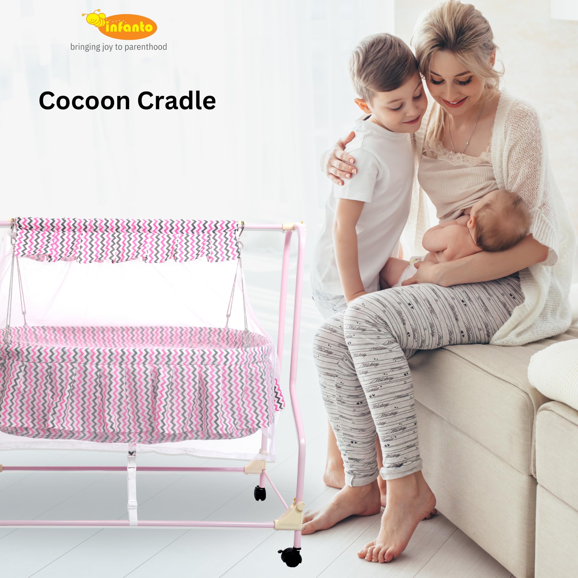 Infanto Cocoon Baby Cradle | Palna | Jhula - Sturdy Metal Frame, Mosquito Protection Net, Lockable Wheels, Swing Lock, Soft Fabric | 0 to 12 Months (Pink) - Image 4 thumbnail