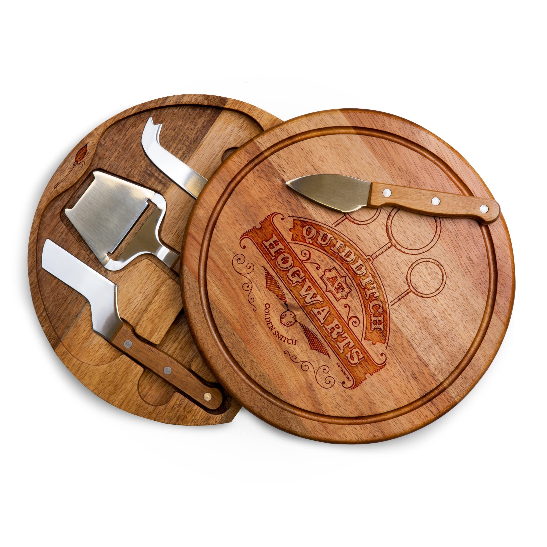 PICNIC TIME Harry Potter Quidditch Circo Cheese Board and Knife Set, Swivel Charcuterie Board with Hidden Tools, Round Acacia Wood Cutting Board with Quidditch Symbol, (Acacia Wood)