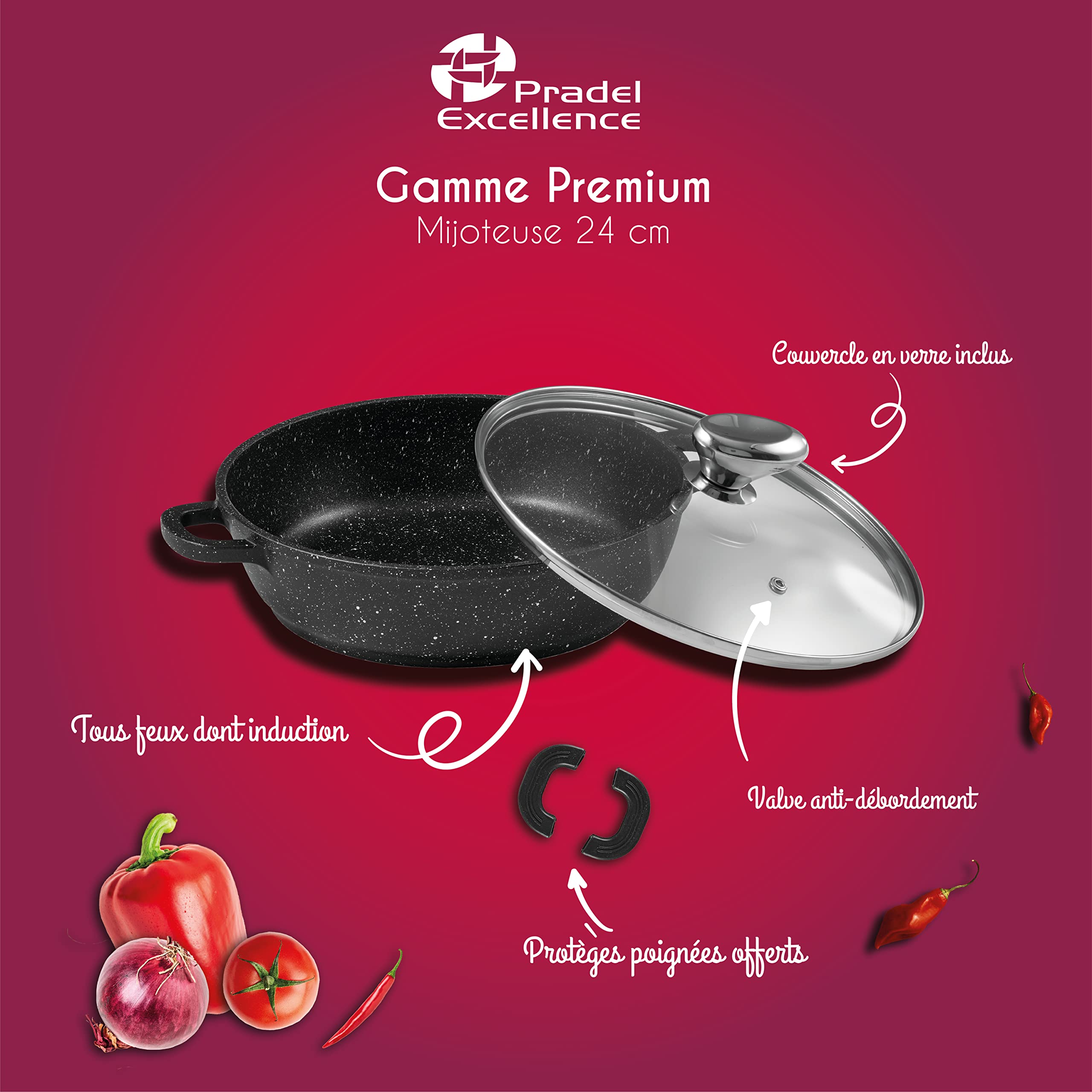 Pradel Excellence - Mijoteuse Façon Pierre 24 cm - Fonte d'Aluminium Noir - Revêtement Anti-Adhérent - Couvercle Verre - Poignées Silicone - Cuisson Homogène - Compatible Tous Feux