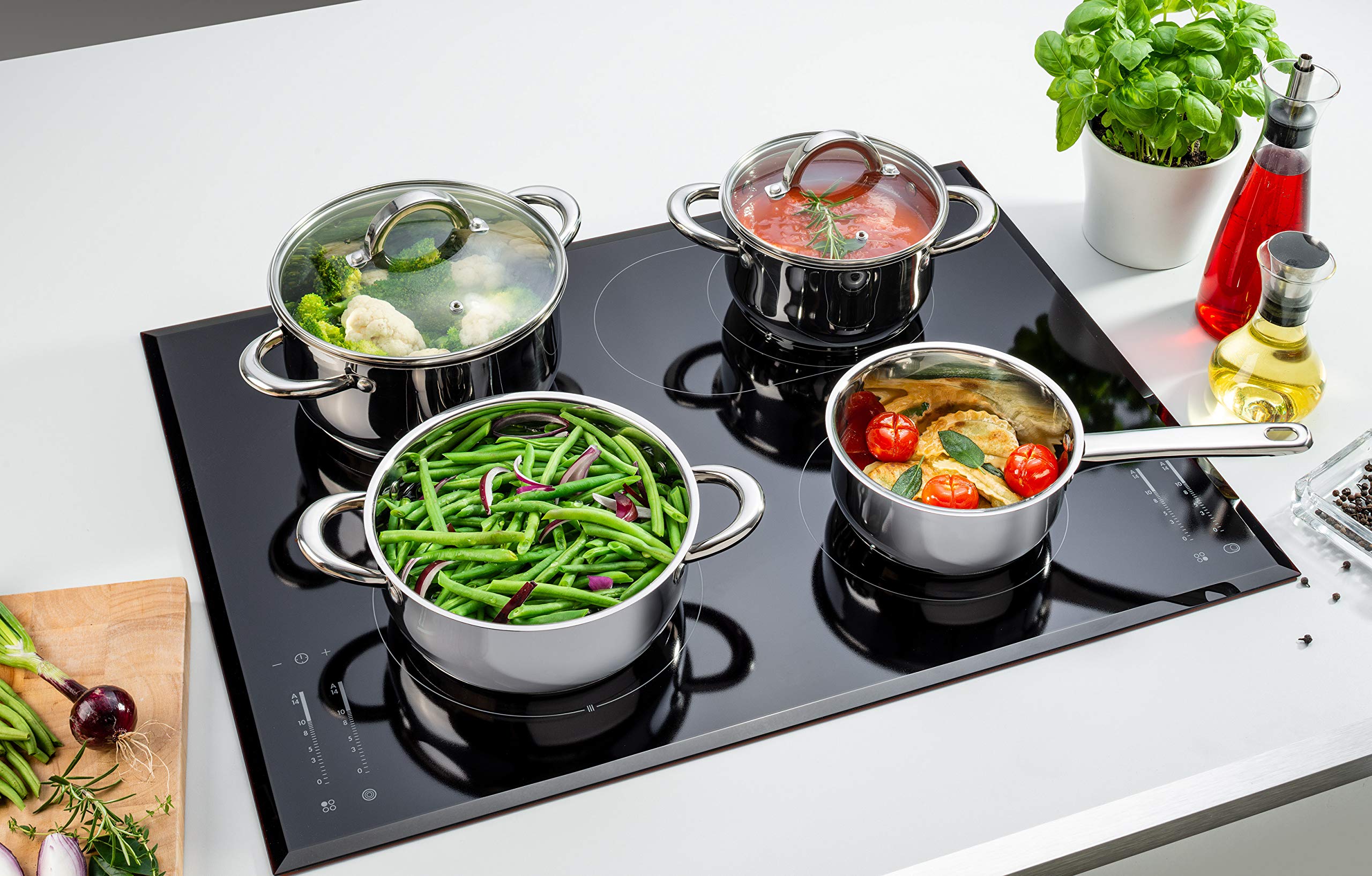 Linnuo Topfset Induktion - 4 Töpfe & 3 Glasdeckel - Kochtopf Set aus hochwertigem Edelstahl - Topf mit hohlem Griff - Nicht heiß beim Kochen - ideales Kochset für kleine Küchen (7tlg. Set)