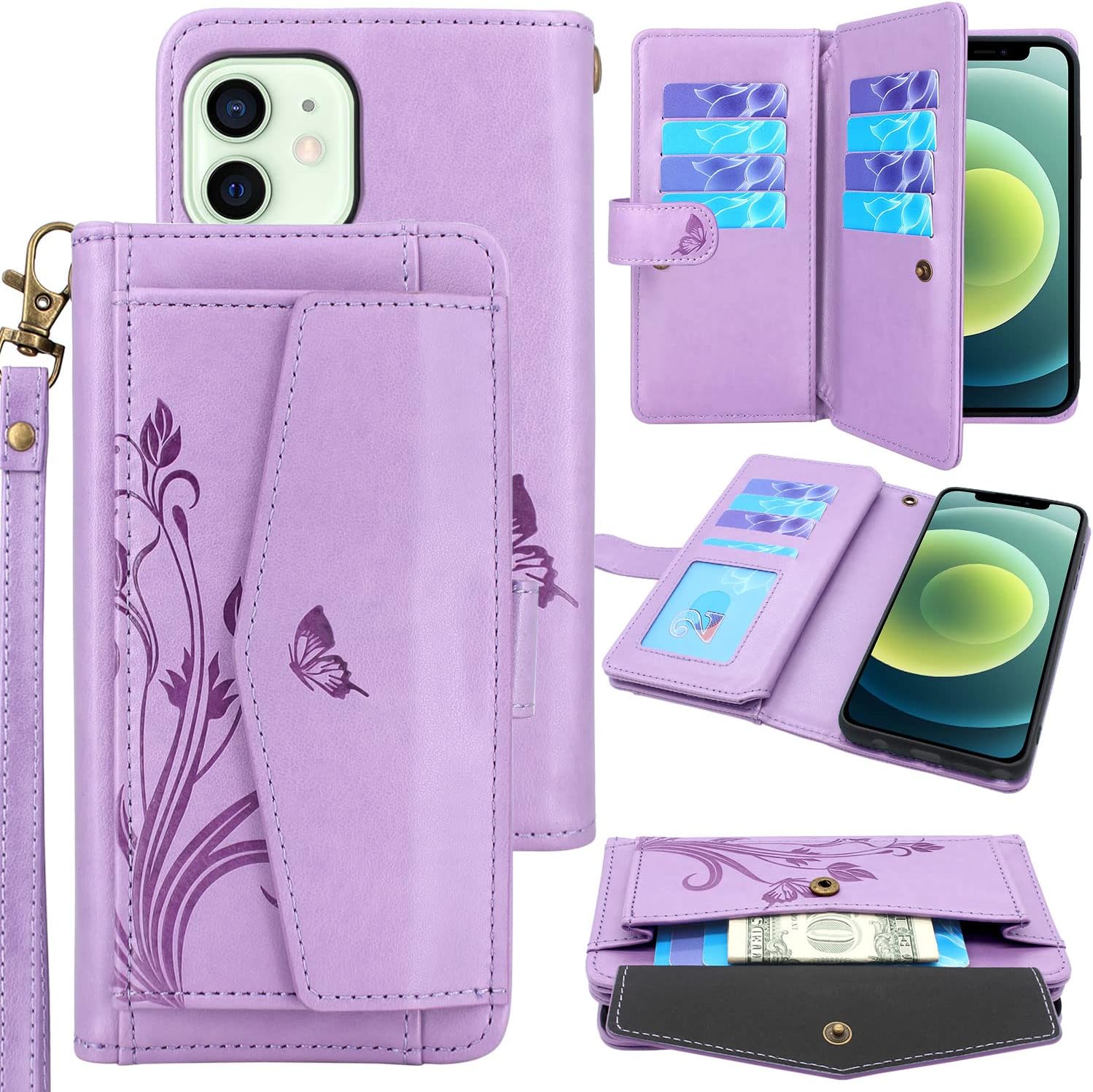 Lacass Compatible with iPhone 12/12 Pro 6.1 inch Case, 12 Card Slots Holder Pocket Wallet Case Stand Flip Leather Cover Wrist Strap Lanyard (Butterfly Light Purple)