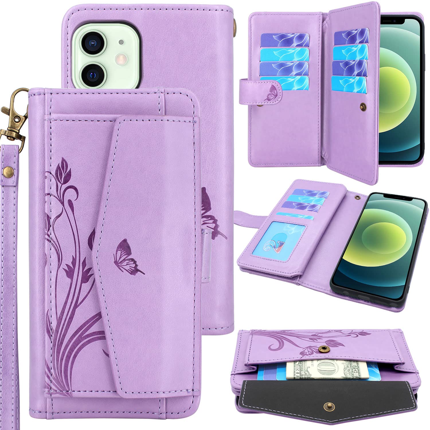 Lacass Compatible with iPhone 12/12 Pro 6.1 inch Case, 12 Card Slots Holder Pocket Wallet Case Stand Flip Leather Cover Wrist Strap Lanyard (Butterfly Light Purple)
