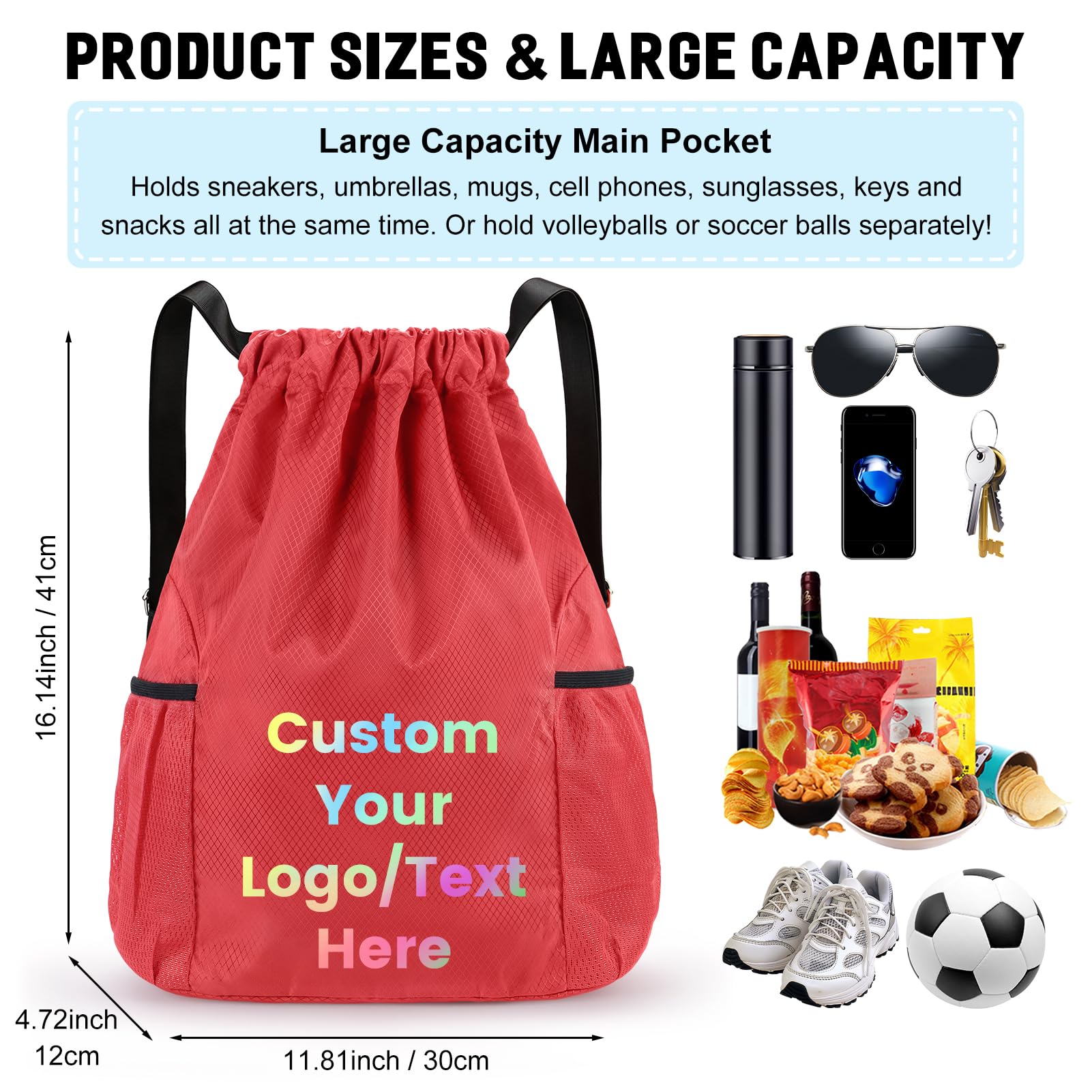 Fyore Sacca con coulisse personalizzata con testo del logo, confezione da 10/20/50/100/200 confezioni, zaino con coulisse in tessuto Oxford personalizzato per kit in PE, palestra, sport, scuola, nuoto