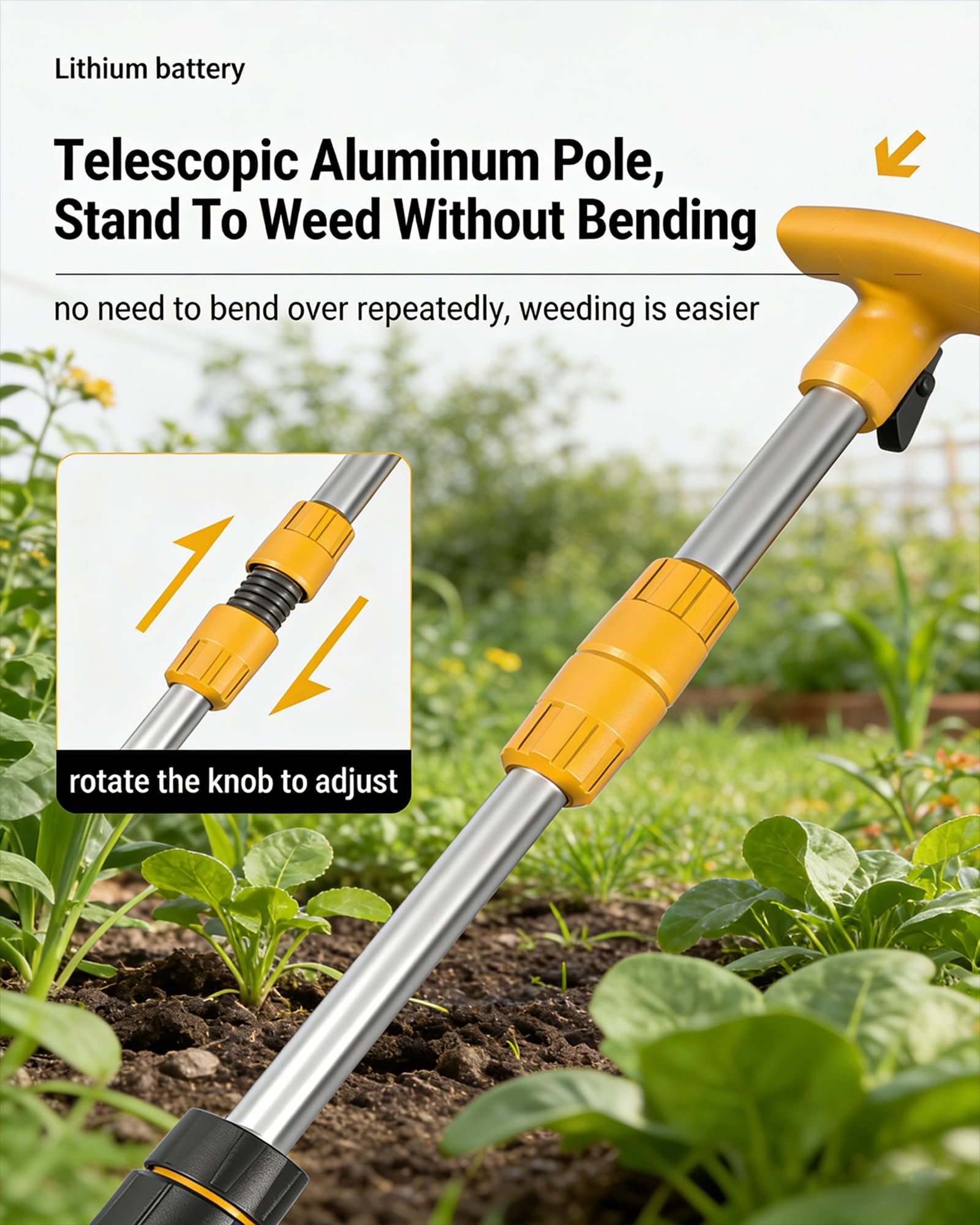 Désherbant sans fil avec manche télescopique réglable en aluminium et 2 batteries, griffes triangulaires haute dureté pour un jardinage efficace, léger et durable
