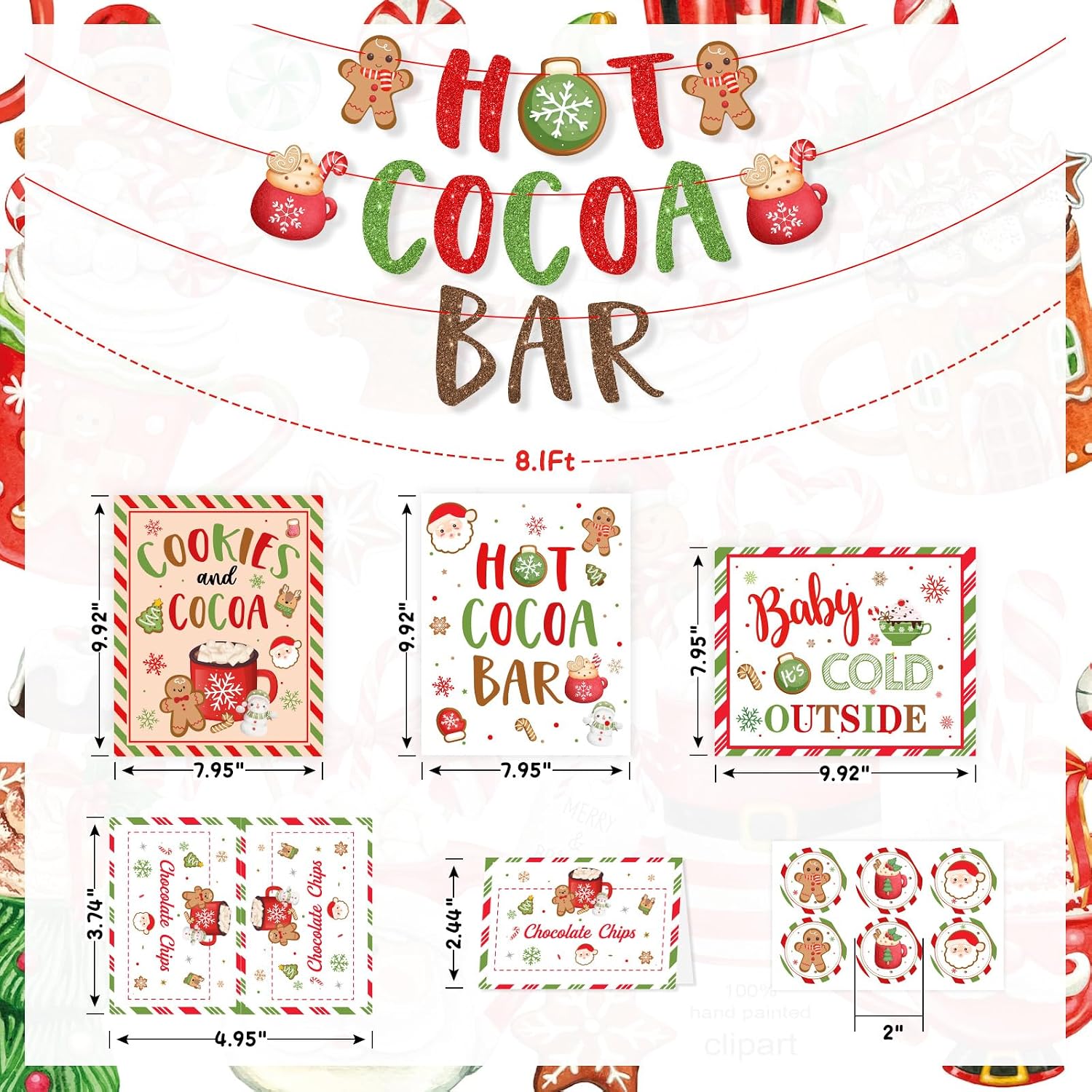 Hot Chocolate Bar Kit,Green Red Christmas Hot Cocoa Bar Supplies, Gingerbread Man Hot Cocoa Bar Banner Sign Toppings Labels Cup Tags for Winter Birthday Baby Its Cold Outside Baby Shower New Year image 3