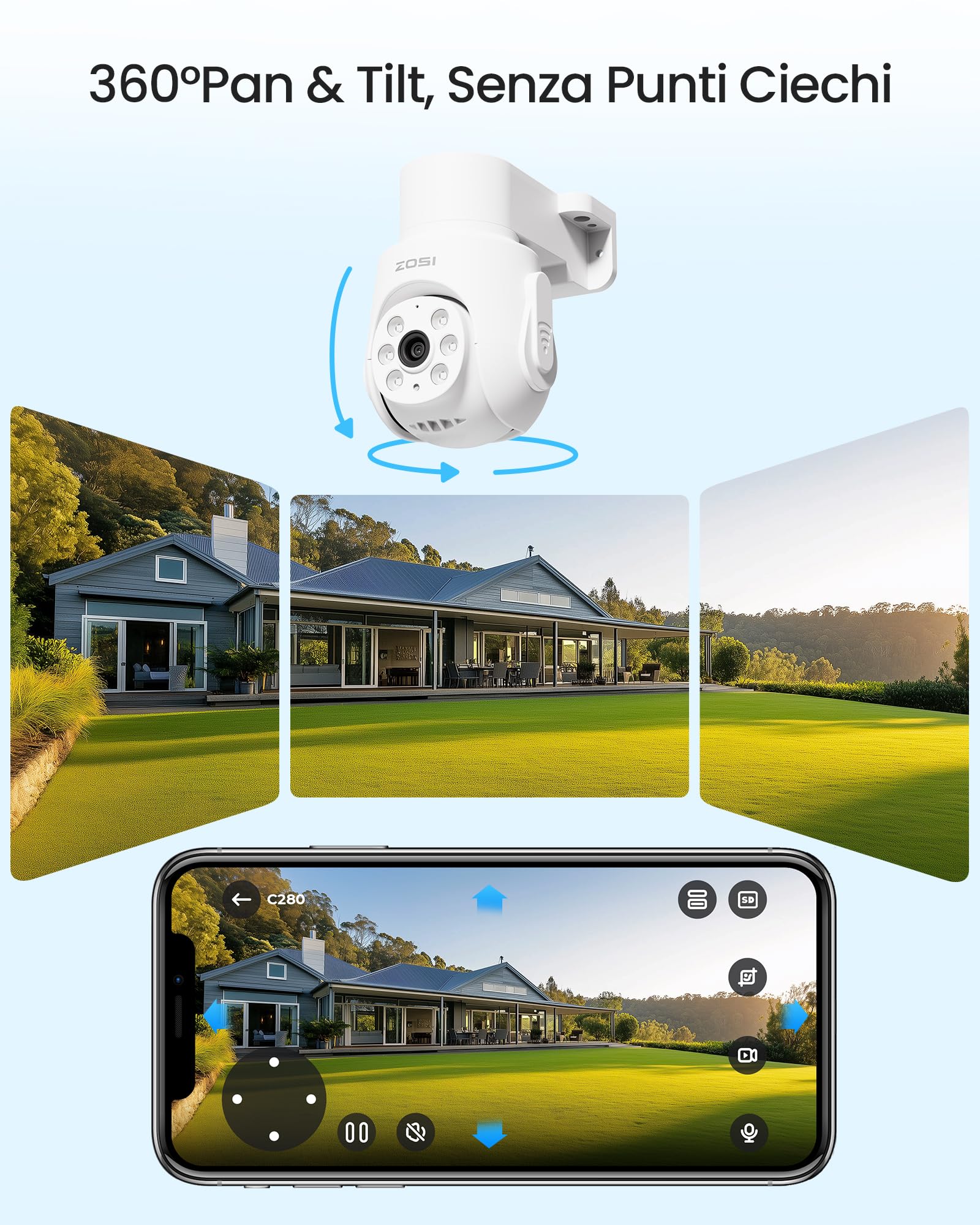 ZOSI 8CH 5MP Kit di Sorveglianza DVR con Telecamera Cablata da 500GB, 5MP Telecamera Esterna PT 360°, Rilevamento di Persona/Veicolo, Visione Notturna 20m, Registrazione 24/7