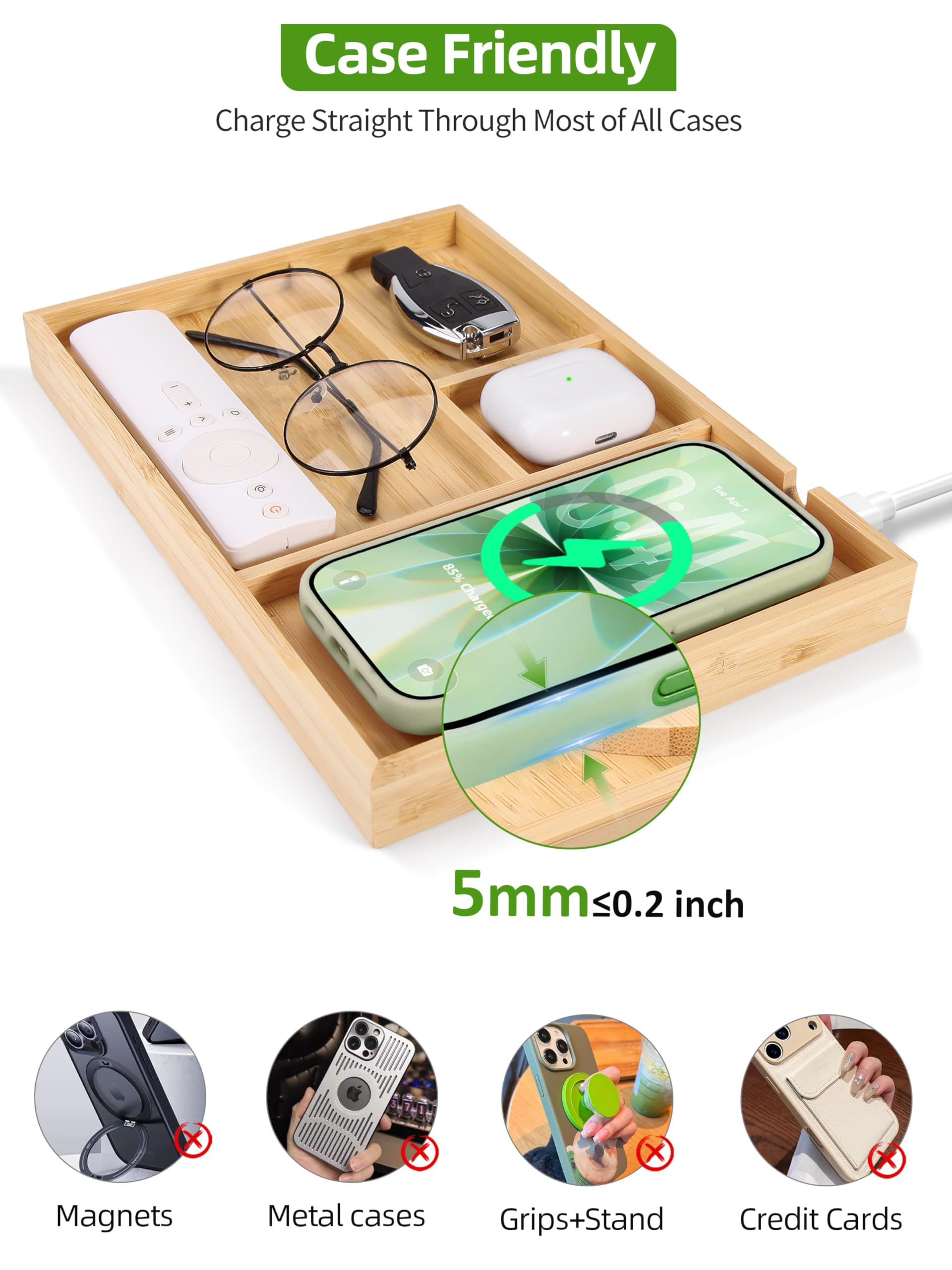 Bambus-Tablett und Nachttisch-Organizer mit 2-in-1 kabellosem Ladegerät für iPhone, Samsung und AirPods, Schreibtischzubehör für Männer/Frauen