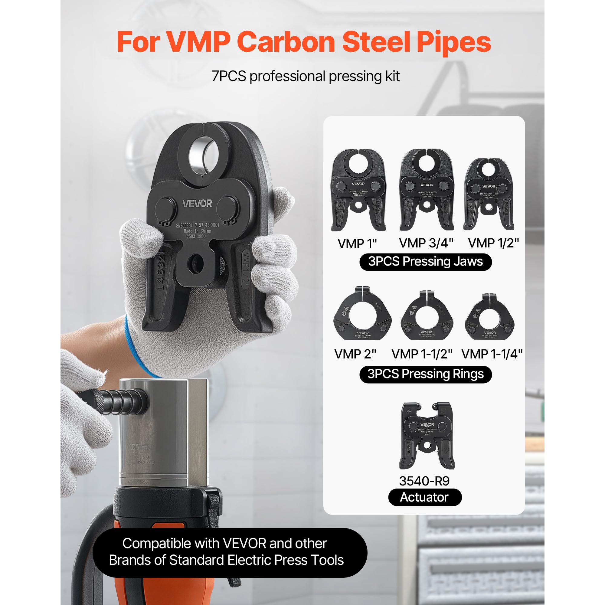 VEVOR 7PCS VMP Pressing Kit with 3 Press Jaws 3 Press Rings & 1 Actuator | Compatible with Megapress Fits 12 to 2 Carbon Steel Pipes Work with 32KN Standard Press Tools Includes Toolbox product thumbnail 4