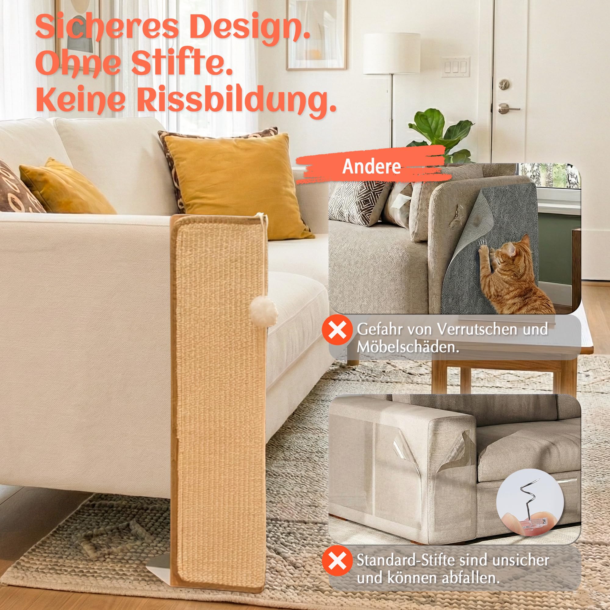 PETKARAY Sisal Kratzbrett Katze, 60 cm Sofaschutz mit Ballspielzeug