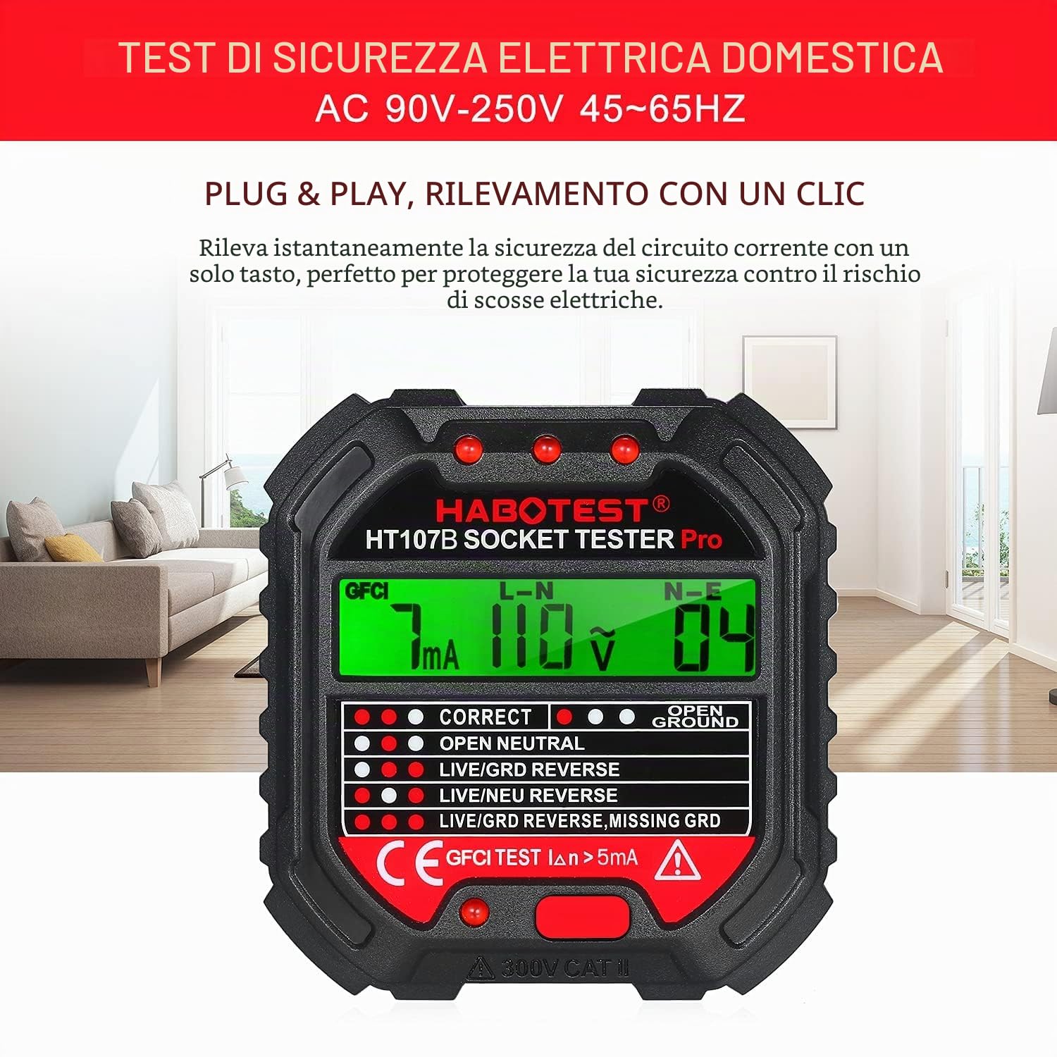 Tester per Circuiti Elettrici con Test RCD e Display LCD,6 Tipi di Diagnosi di Errore,Tester Prese Elettriche,Rilevatore di Tensione,Tester de Prese,Rilevatore Cavi Elettrici,CAT II 300V
