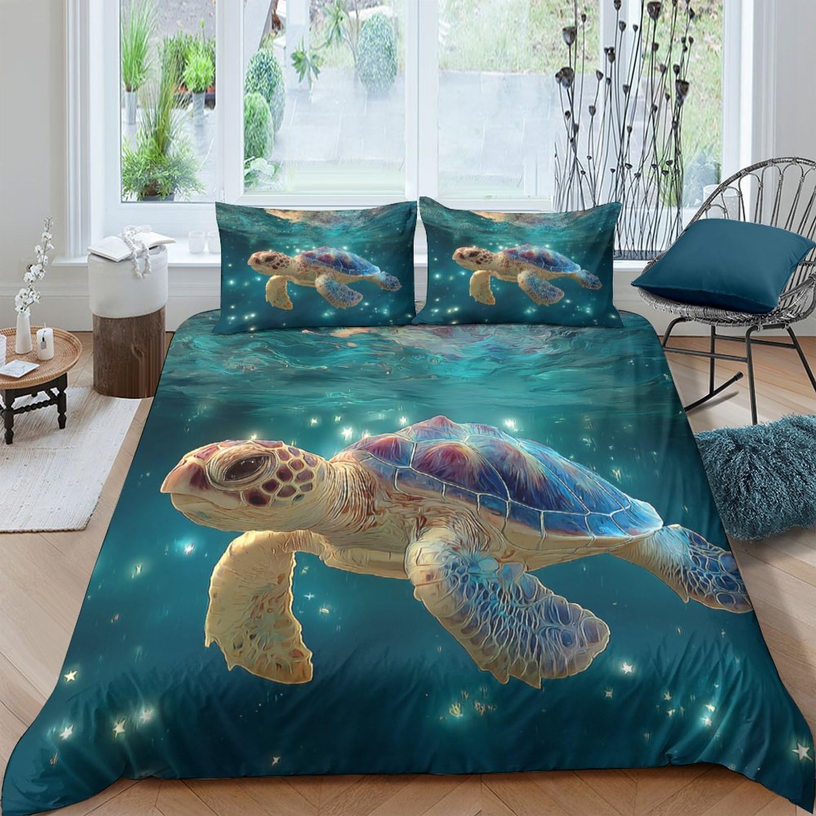 P5V6M1Q9 3D Printed Sea Turtle Duvet Cover Microfiber Soft Breathable Ocean Underwater Bedding Set with 2 Pillowcases for Bedroom Decor Single（135x200cm）