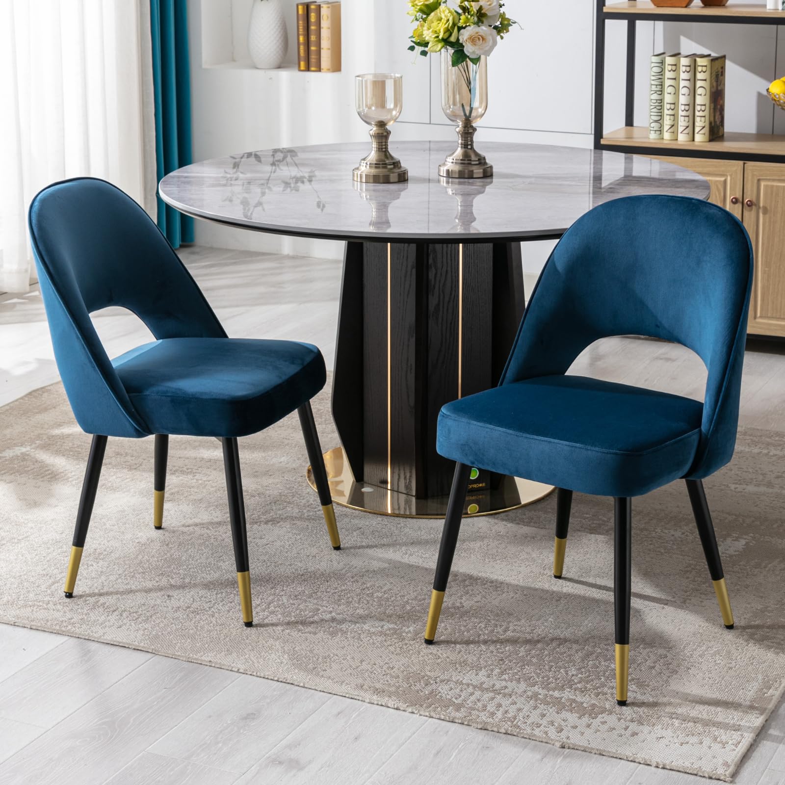 Ya-Home Set di 2 Sedie da Pranzo in Velluto con Gambe in Metallo, Blu | Sedia da pranzo moderna con gambe in metallo, sedia da cucina con cuscino imbottito e schienale design