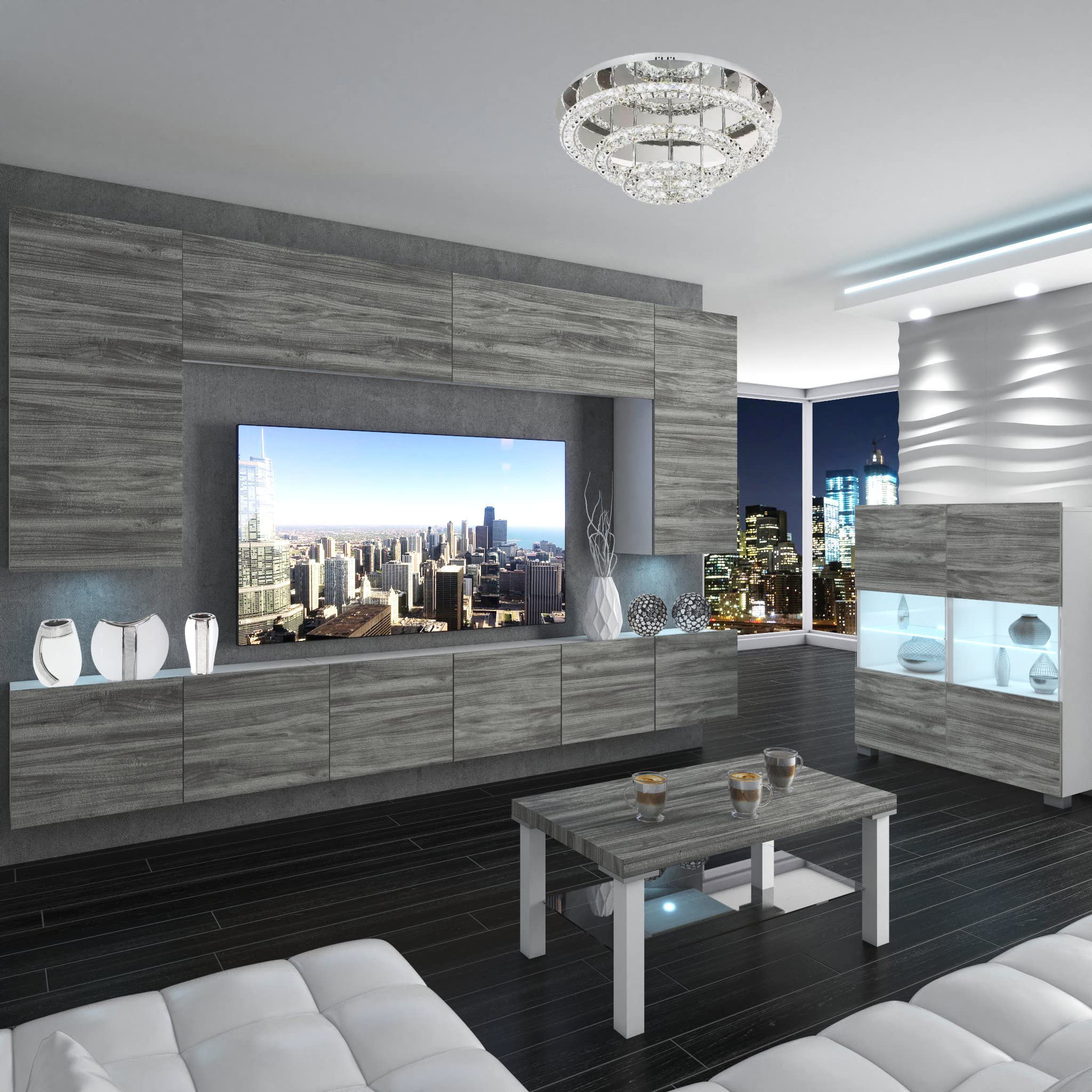 Belini - Set completo per soggiorno, moderna parete attrezzata con illuminazione a LED, mobile TV, design glamour, in legno