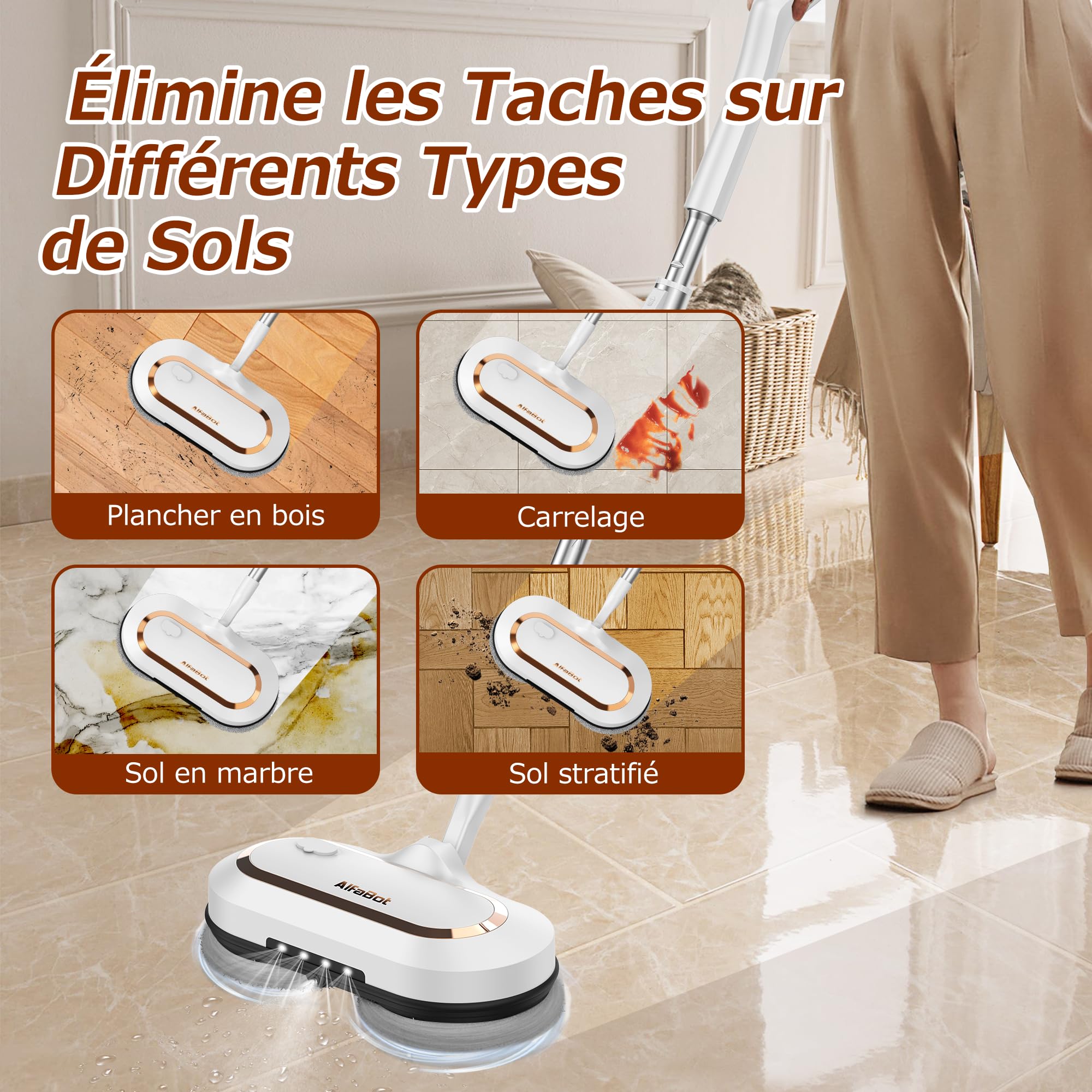 AlfaBot S2 Balai Électrique Sans Fil | Grand Réservoir 400mL | Autonomie 60 Min | Nettoyeur de Sol avec LED et Pulvérisateur | Pour Parquet & Carrelage | Balai Rotatif Léger 1,7kg