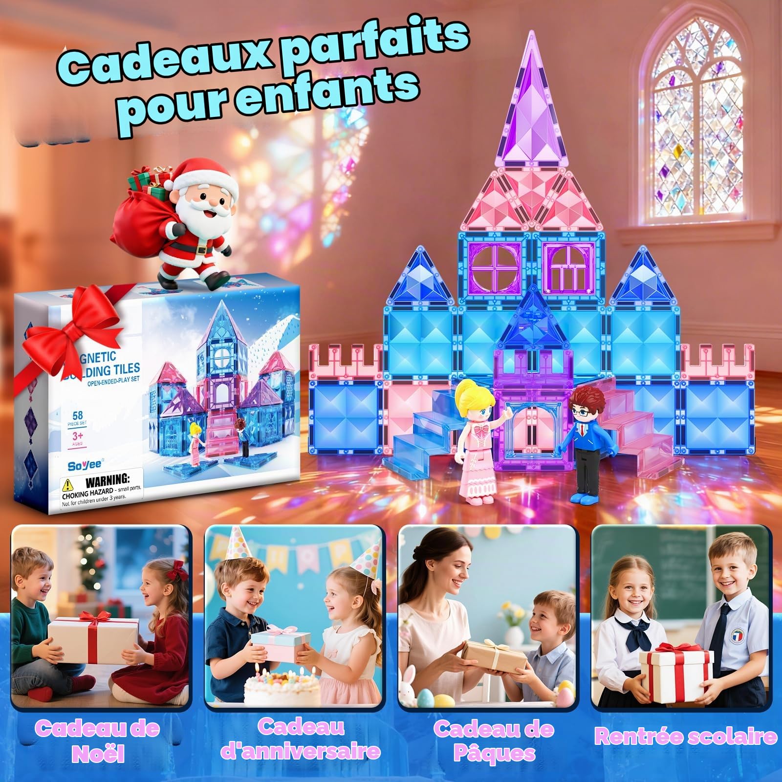 Lot de 58 blocs de construction magnétiques pour enfants de 3 à 8 ans - Blocs de construction magnétiques et jouets de construction STEM - Jouet éducatif Montessori - Jouet de construction pour