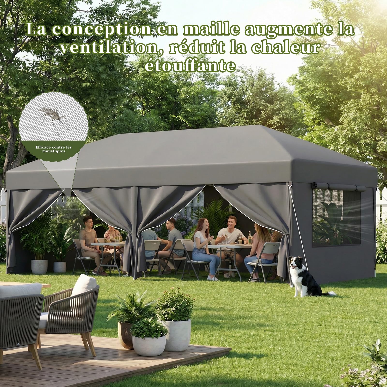 JUMMICO Gazebo 3x6 Pieghevole Impermeabile｜Zanzariera Arieggiata Anti-Insetti｜Robusto, Durevole, Impermeabile e Anti-UV｜Installazione e Rangement Rapidi｜Ideale per Cortile, Campeggio e Altro｜Grigio