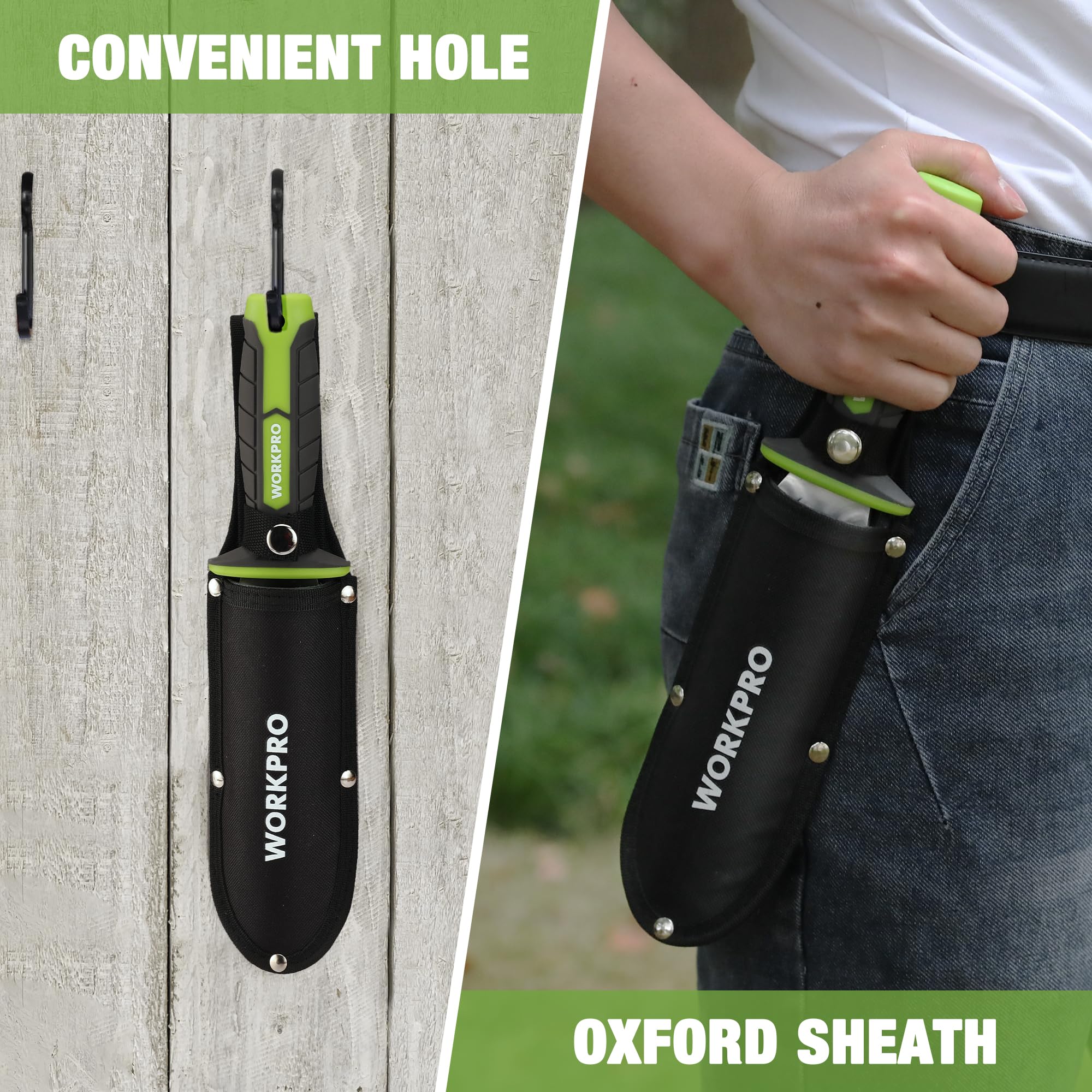 WORKPRO Hori Hori Garden Knife, 7" Stainless Steel Blade with Cutting Edge, Garden Tools with Oxford Sheath, Ergonomic TRP Handle with Hanging Hole for Weeding, Planting, Digging, Green