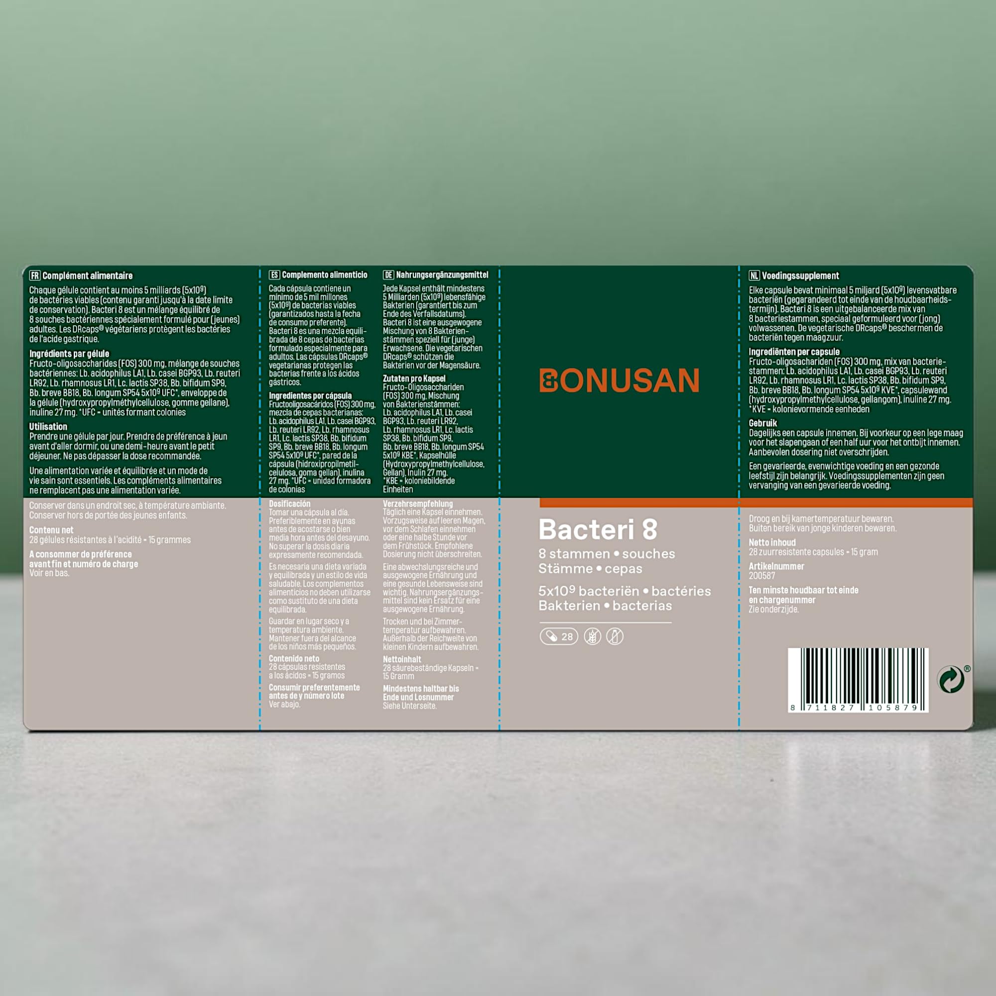 Bonusan Bacteri 8 de 28 Cápsulas - Complejo Probiótico de Amplio Espectro con 8 Cepas Bacterianas Seleccionadas - 5.000 Millones de Bacterias por Cápsula - Salud de la Flora Intestinal y Digestión