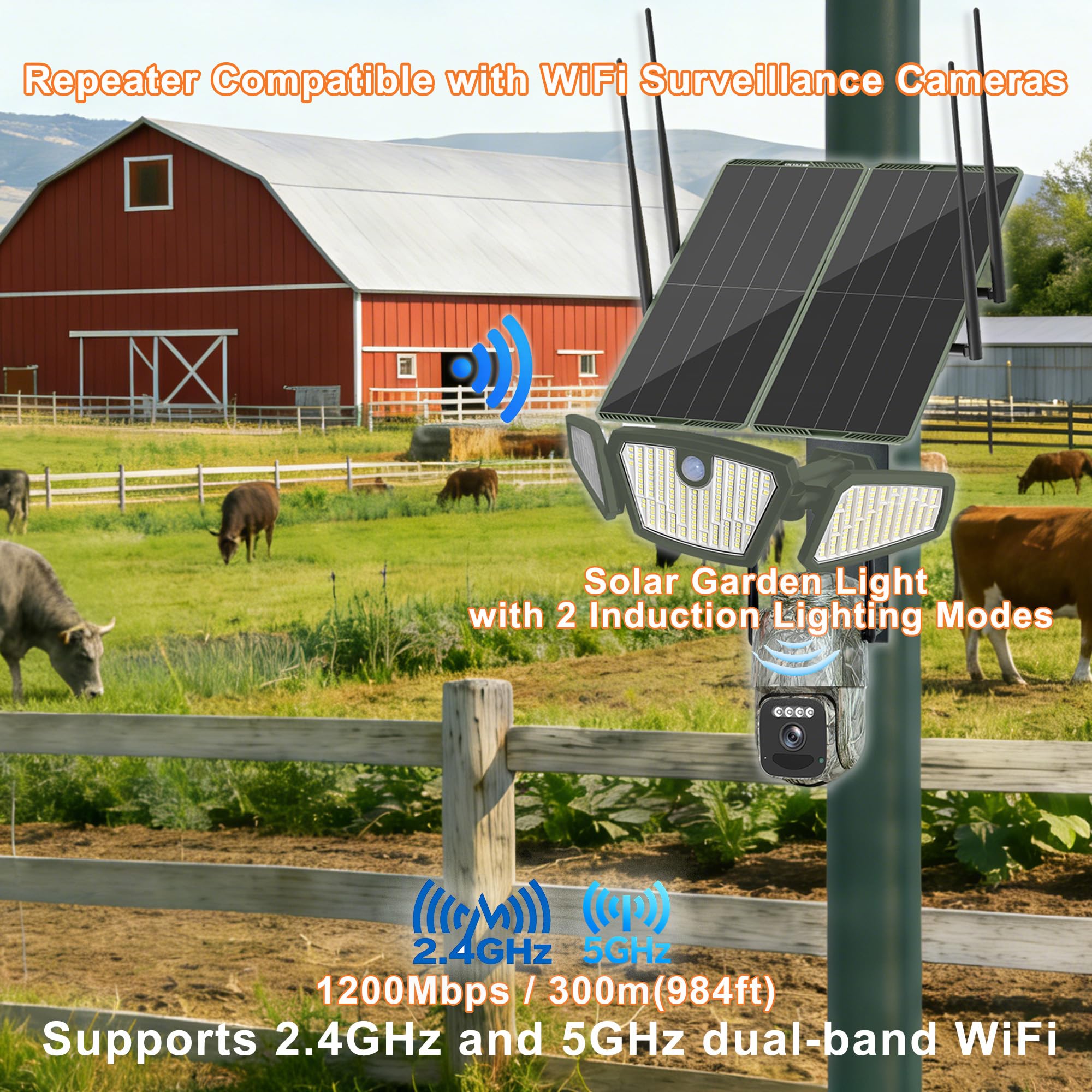 Panel solar de 30 W para exteriores, doble banda, 5.8G/2.4G, repetidor WiFi, luz solar de jardín, cobertura de 300 m, batería de 30000 mAh, IP65, para patio, granja, oficina, uso comercial (verde