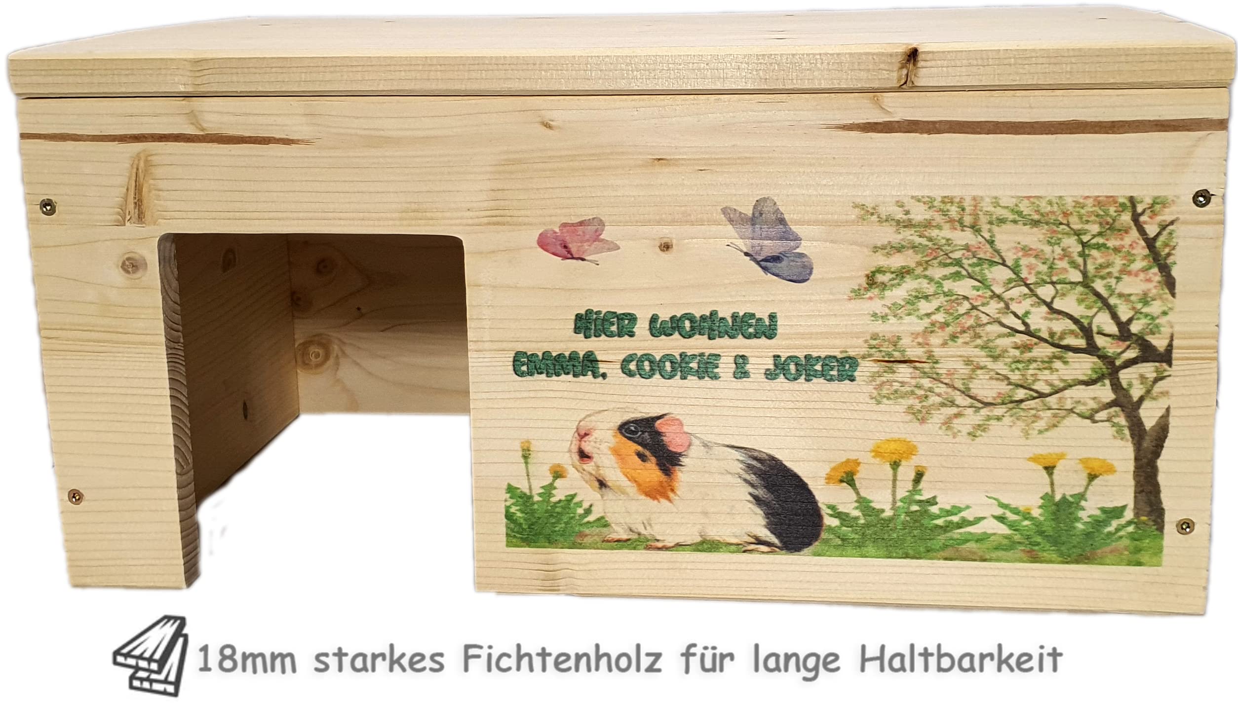 Nagerstore Meerschweinchenhaus Personalisiert mit Wunschnamen ihrer Meerschweinchen mit 2 Eingängen, Holzlasur & Aufklappbar / 45x25x22cm