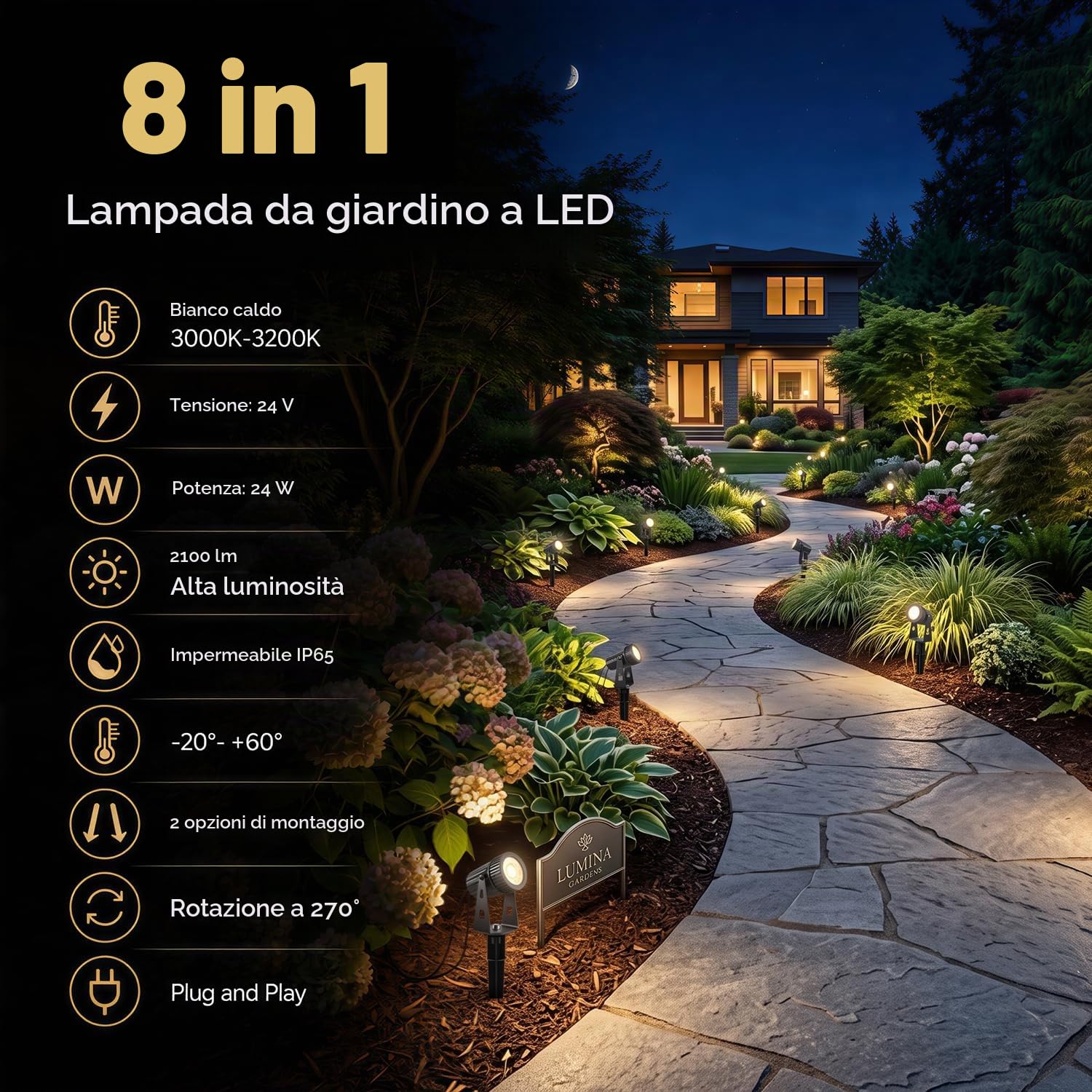 8 luci da giardino Faretto da giardino a LED bianco caldo Illuminazione 24V 24W da giardino a LED con picchetto da terra Lampada da giardino 2100LM 26 m IP65 di cavo per esterno prato da giardino