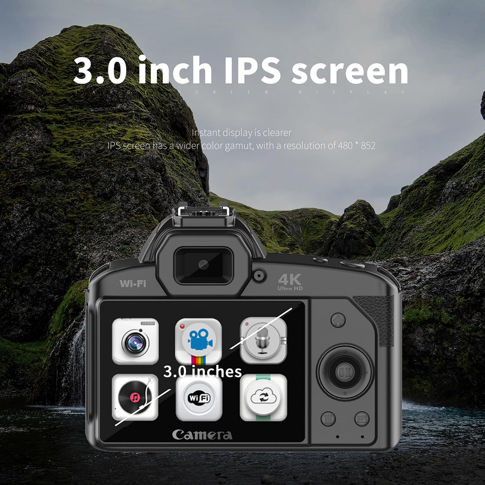 Appareil photo numérique 4K WiFi 64 MP double objectif vidéo avec vision nocturne 16X Anti-Secouement Microphone externe Support Batterie intégrée Écran IPS 3" pour anniversaires festivals