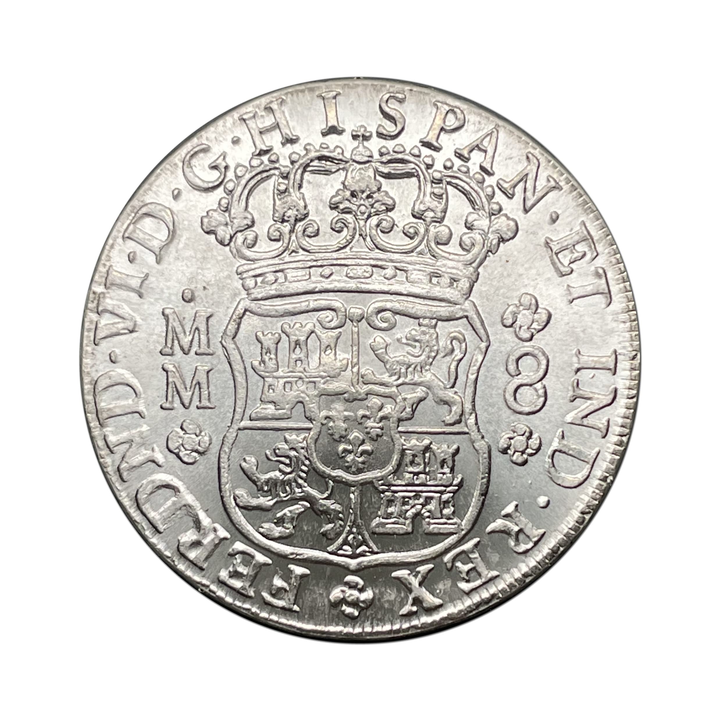 Réplica de moneda histórica: México 8 Reales Fernando VI 1756 MM. Fabricado en latón y chapado en plata.