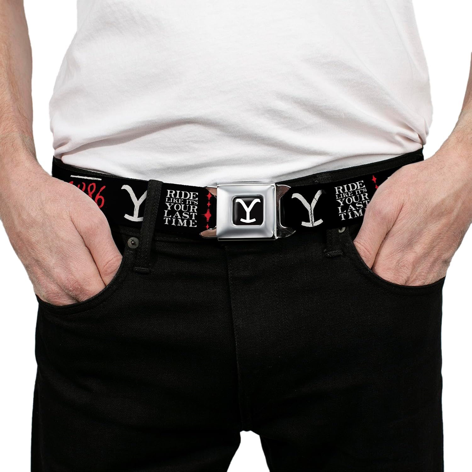 Paramount Network Yellowstone Belt, Seatbelt Buckle Belt, Yellowstone Dutton Ranch 1886 Icons Black White Red, Adjustable