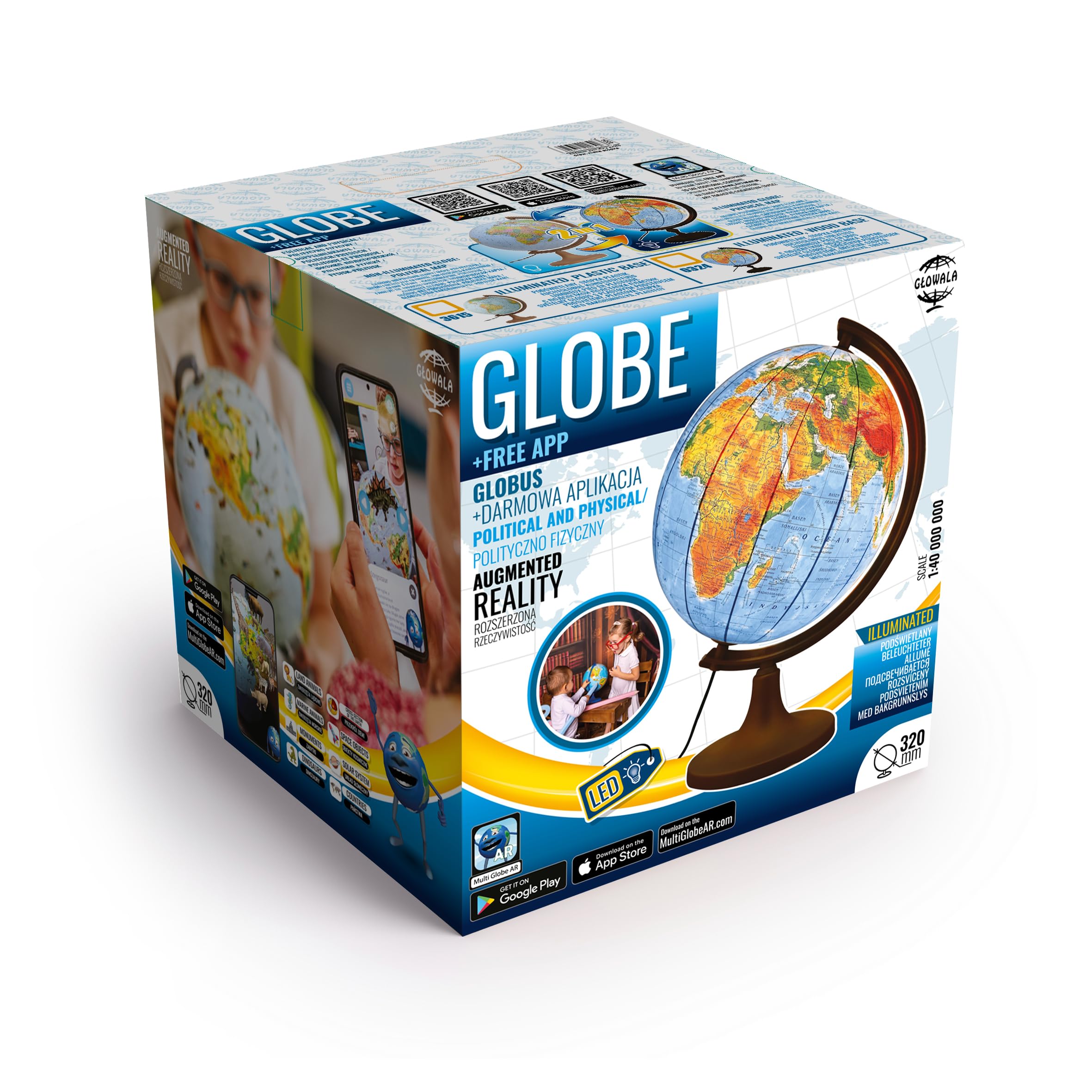 Globe politico-physique 320 mm Lumineux Pied en Bois + Application