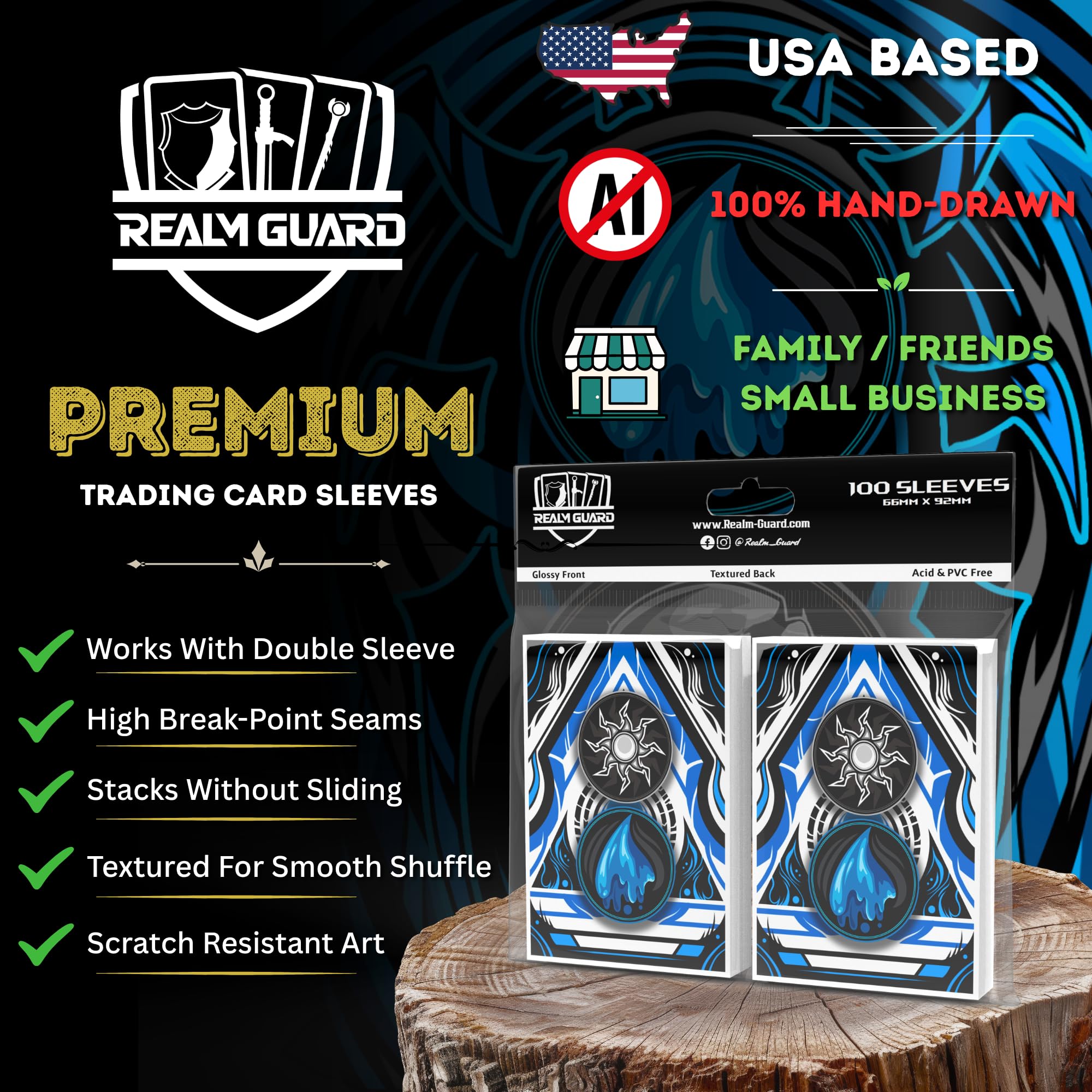 (White Bule Green) 100% Hand-Drawn 100ct Textured Matte TCG/MTG Card Art Sleeves by Realm Guard : Toys & Games