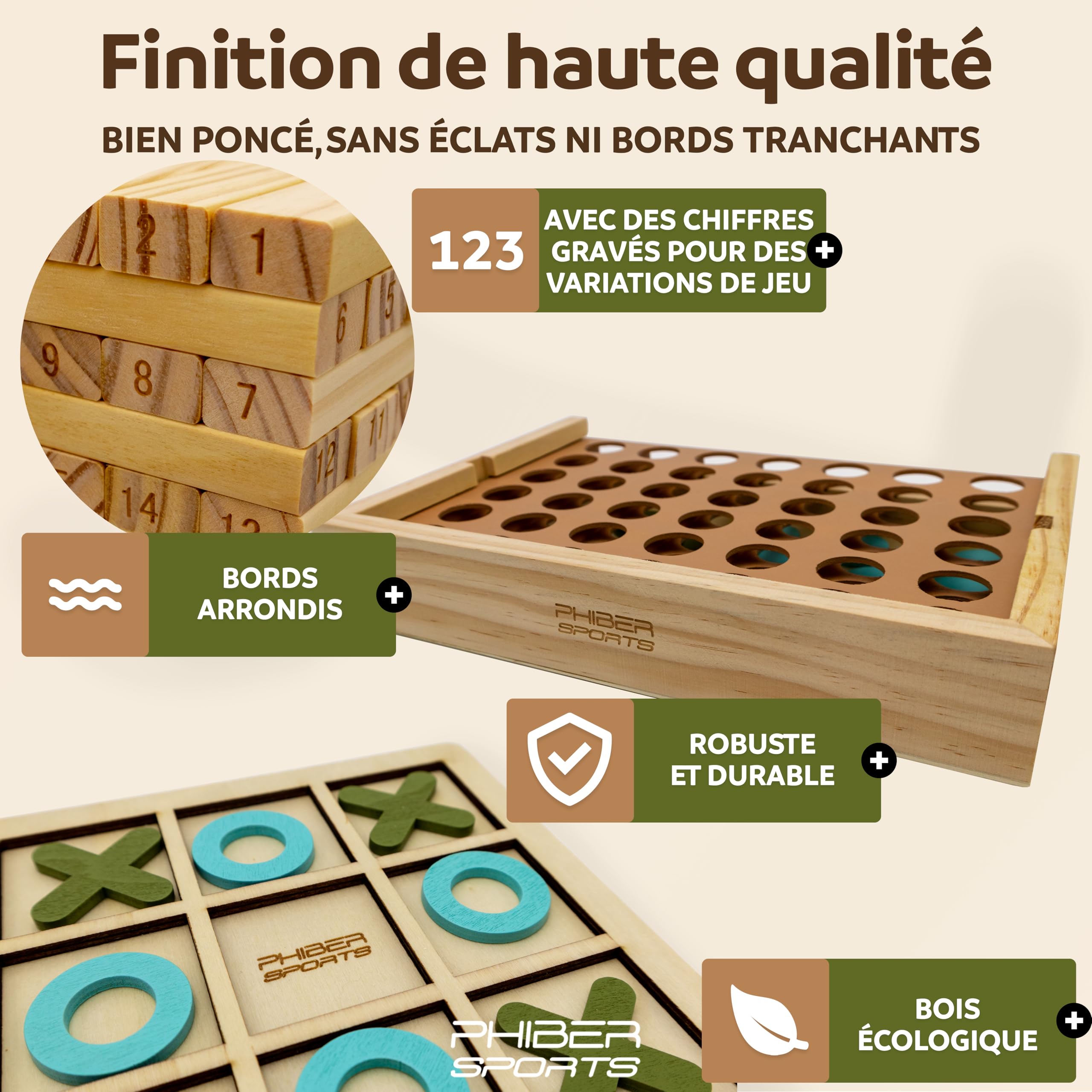PHIBER-SPORTS Jeux en Bois 4-en-1 : Quatre-en-Ligne, Morpion, Mikado & Tour Instable – Collection Jeux Classiques Bois – Idée Cadeau Enfants & Adultes – Durable, Écologique & sans Plastique