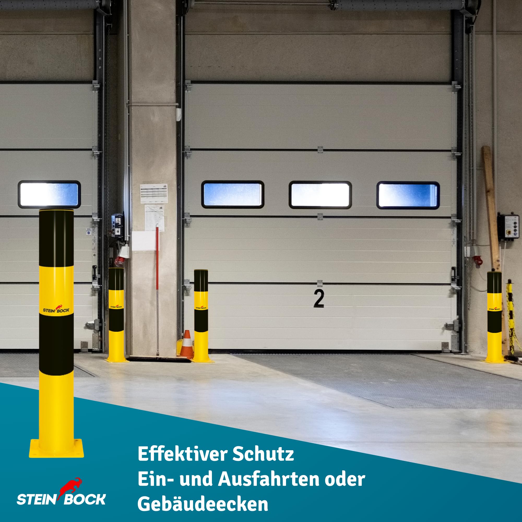 Steinbock Rammschutz-Poller | 110 cm Höhe | 8,9 cm Durchmesser | 8,7 kg Gewicht | pulverbeschichteter Stahl | Warnhinweis zum Schutz vor Anfahrschäden | robuster Anfahrschutz | Made in EU