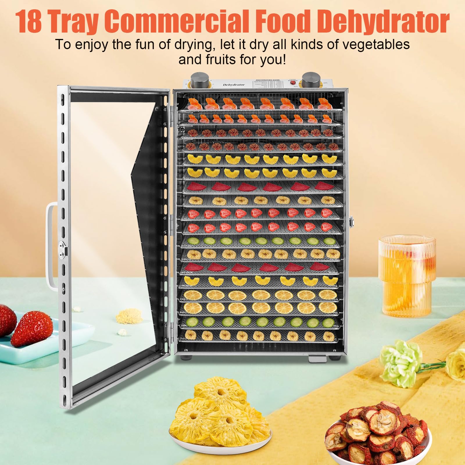LIAPDG 18 Tray Commercial Food Dehydrator, Stainless Steel Meat Fruit Vegetable Jerky Dryer Machine 360-Degree Baking Double Rows of Vents Visualization Fruit Dehydrator