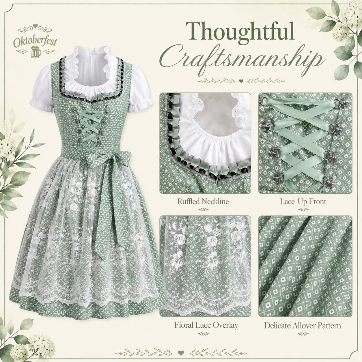 Dirndl Damen Oktoberfest Damen Outfit Midi Dirndlkleid Trachtenkleid inkl. Trachtenrock Dirndlbluse Dirndlschürze, Dirndl Kleidung Trachtenmode Kleid Schlicht Tracht Dirndlkleid Schürze Spitze Kleid