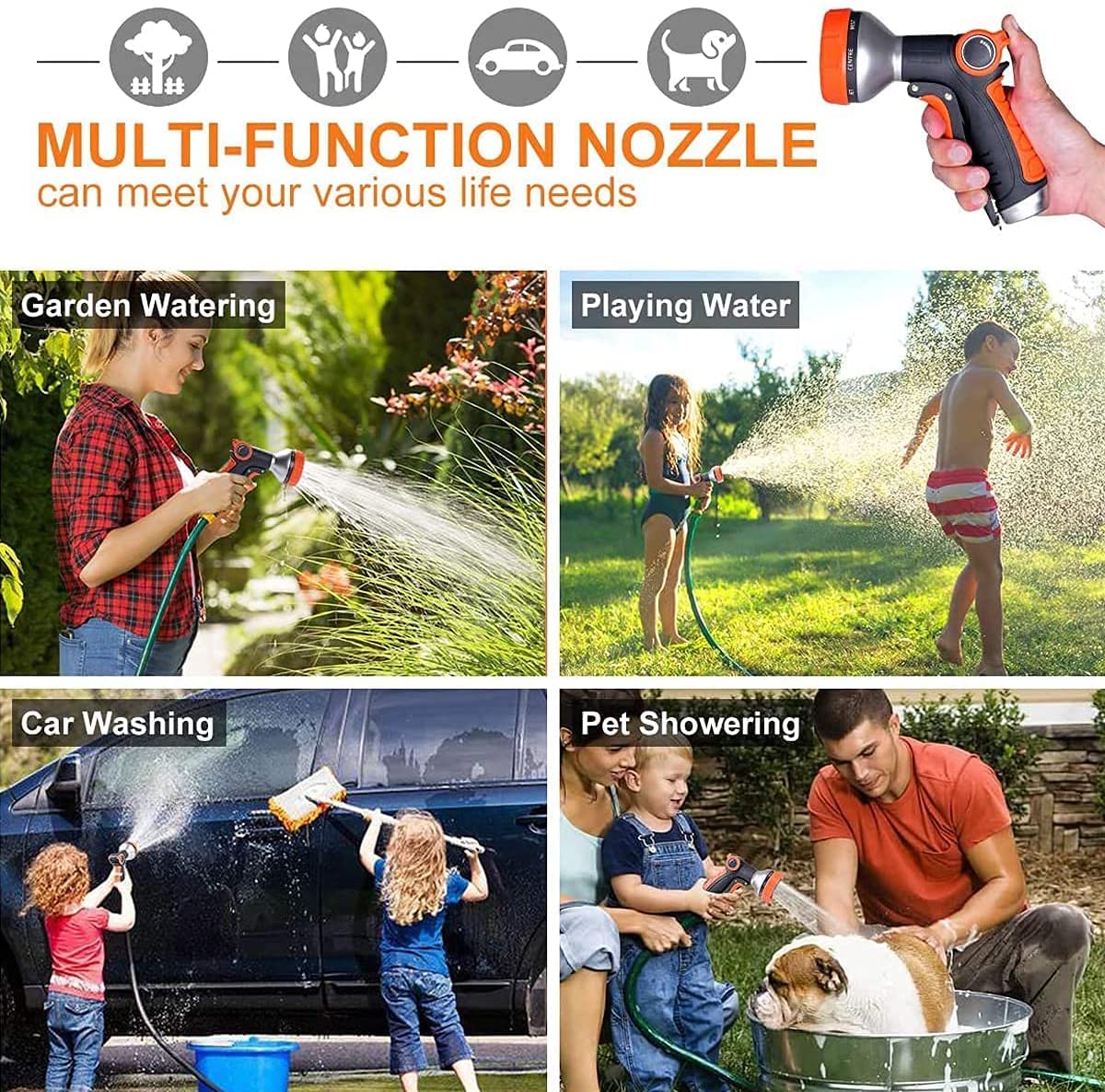 Ugello per tubo da giardino, pistola a spruzzo per piante, irrigazione prato, pulizia e lavaggio auto