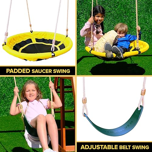 Miniatura 3 de Sportspower Amelia - Juego de columpios de madera resistente con marco en A platillo + columpio ajustable, tobogán moldeado por soplado de 6 pies,