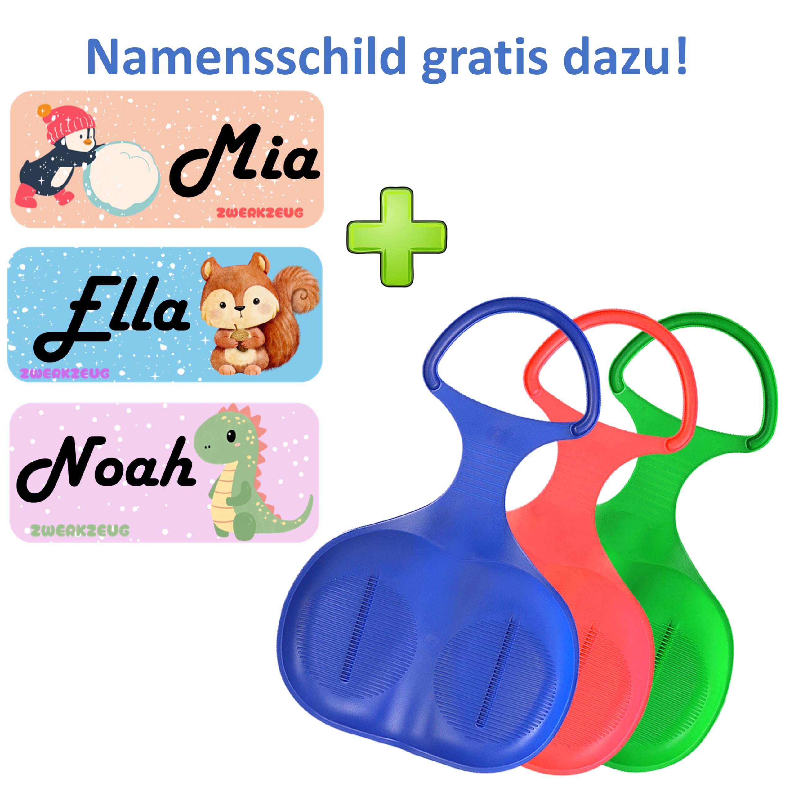 3er Pack Schneerutscher poporutscher mit gratis Namenschild/Schlittenseil Porutscher mit Griff für Kinder Outdoor Wintersport, für Schnee erhältlich in bunten Farben