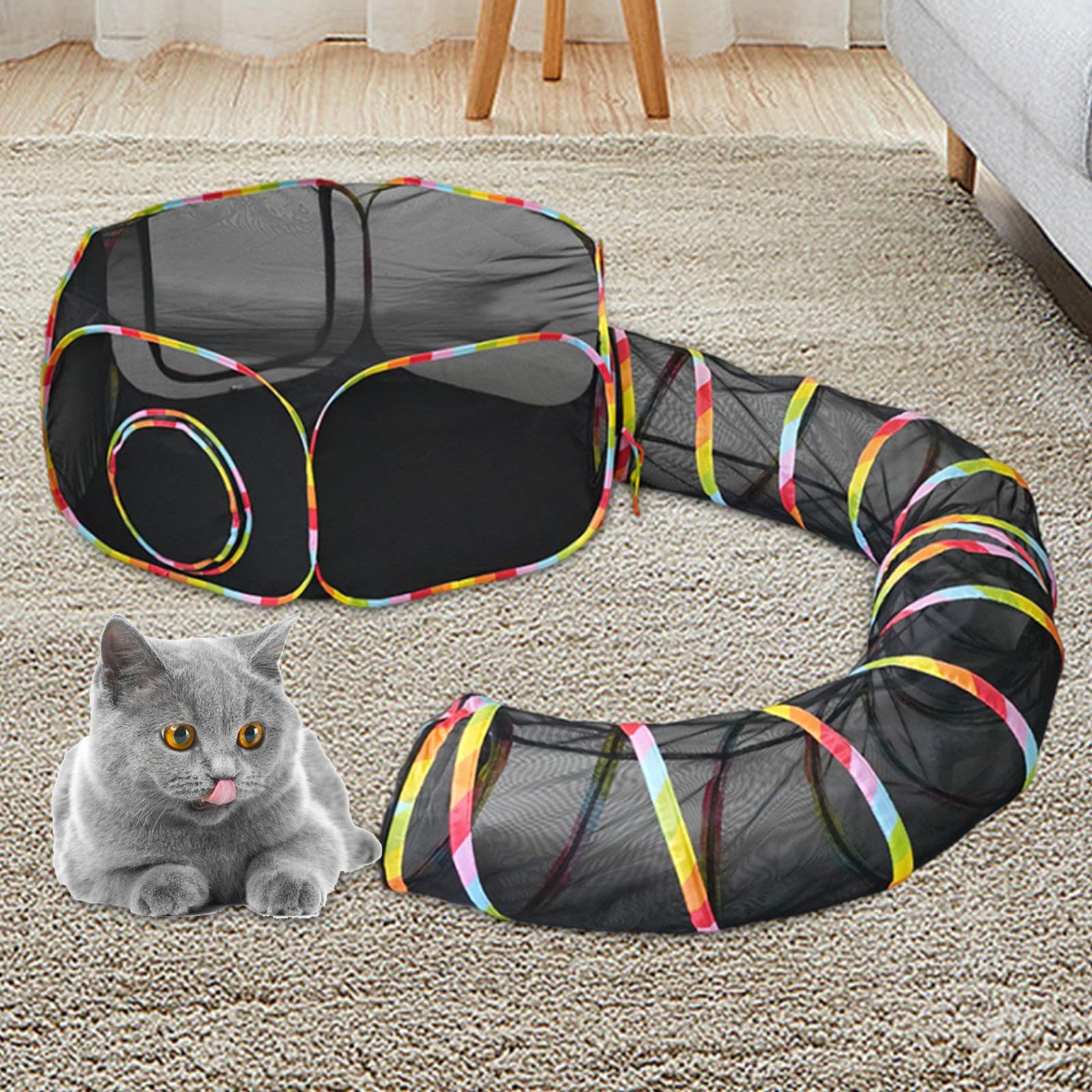 Regenbogen-Katzengehege im Freien, Katzenzelt mit Katzentunnel, außerhalb des Katzenlaufstalls für Kaninchen