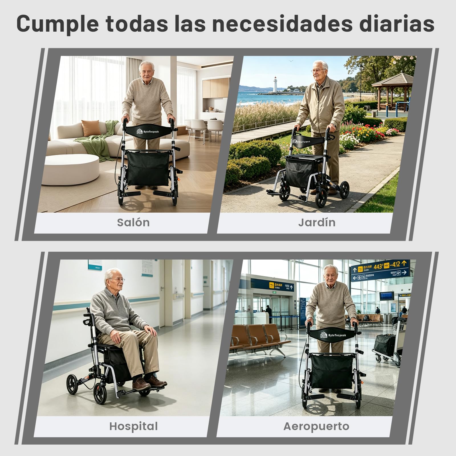 R3 - Andador y silla de ruedas 2 en 1 con reposapiés y bastón plegable, altura regulable, función de silla de ruedas, soporta hasta 100 kg (Plata)